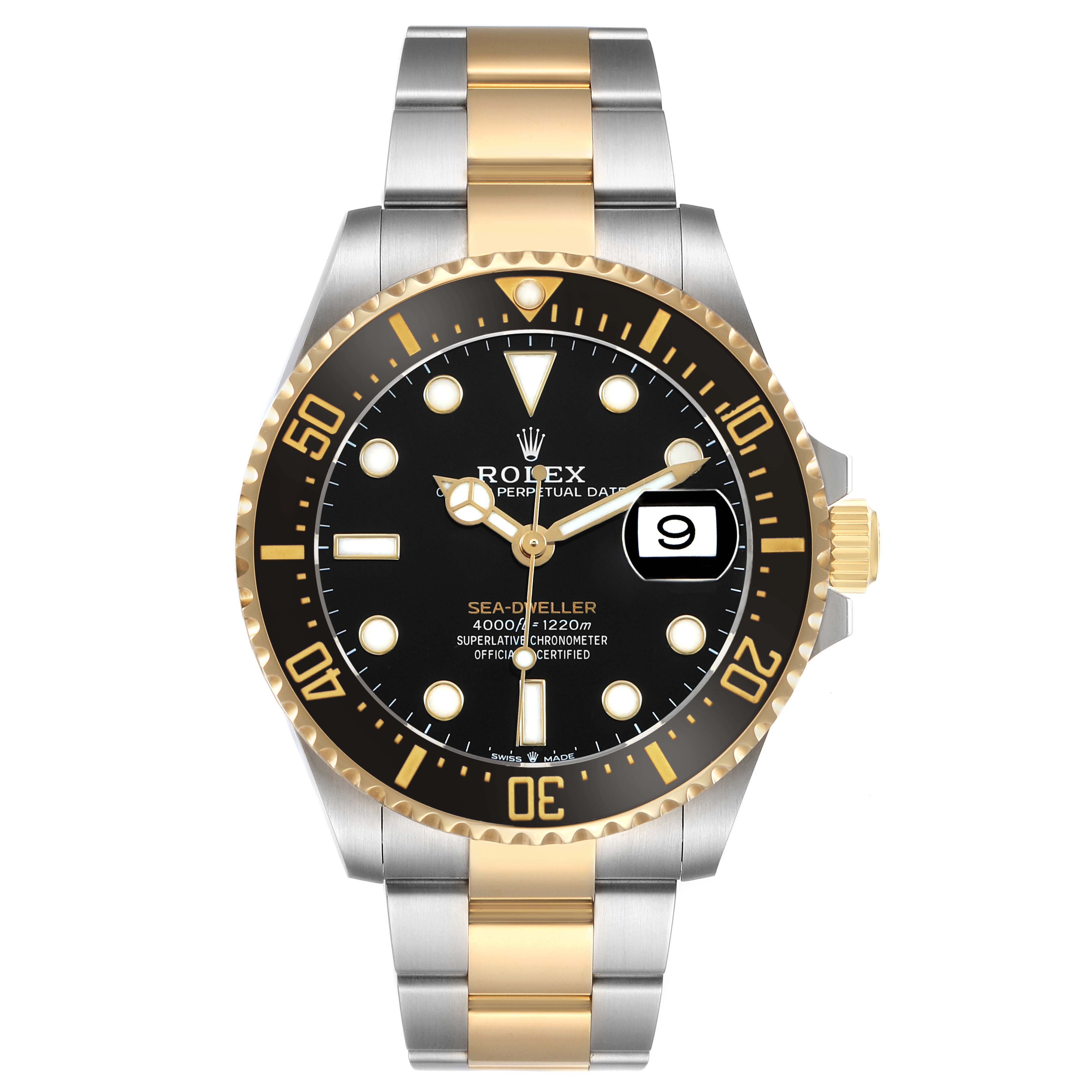 The Rolex Sea-Dweller 126603 Men's Steel and Gold (two tone) Black Dial watch is shown from the front, displaying its face, bezel, and full bracelet.