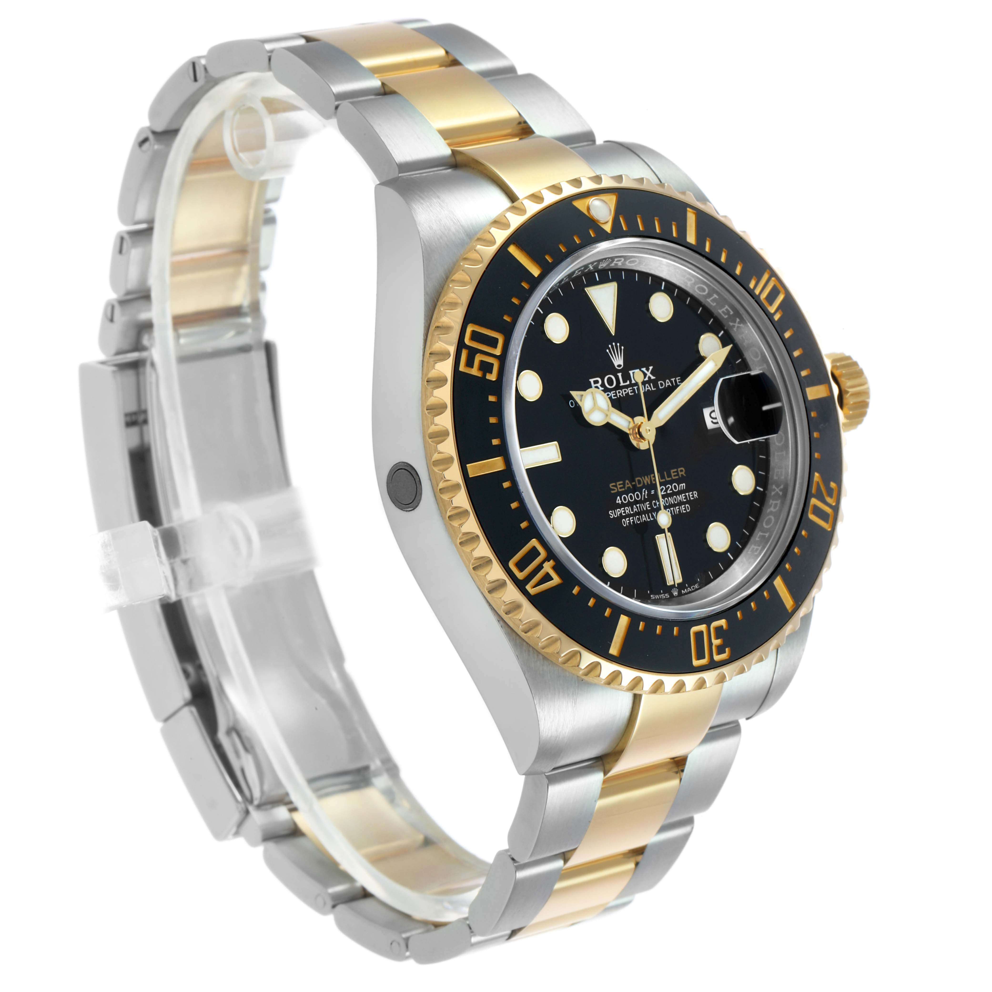 The Rolex Sea-Dweller 126603 Men's Steel and Gold (two tone) Black Dial watch is shown at a three-quarter angle, highlighting the bezel, dial, and two-tone bracelet.