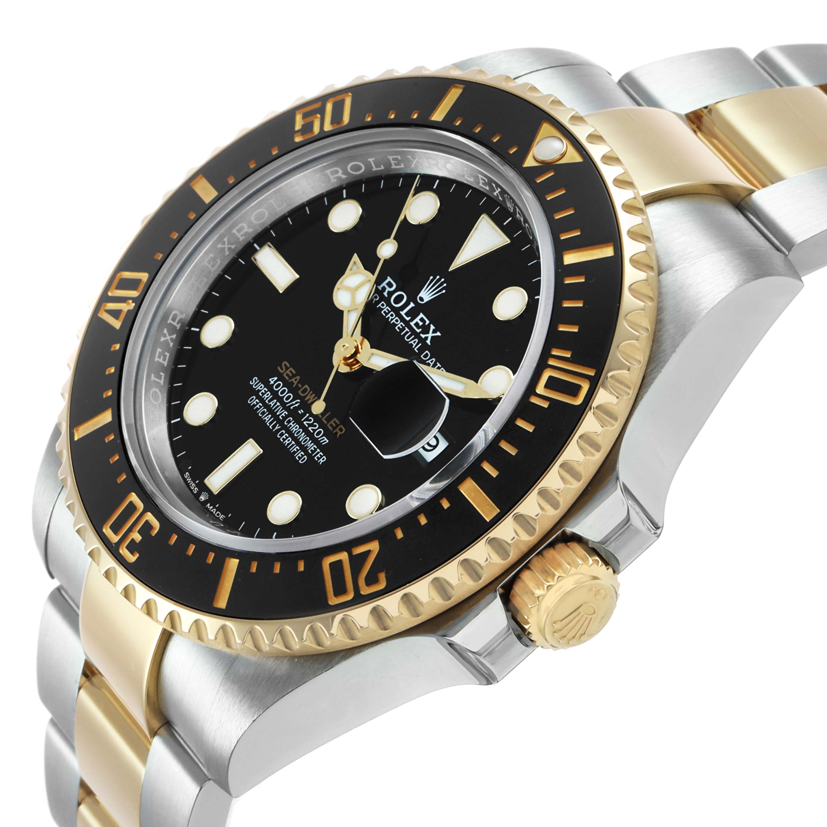 The Rolex Sea-Dweller 126603 Men's Steel and Gold (two tone) Black Dial watch is shown at an angled side view, highlighting the bezel, crown, and two-tone bracelet.