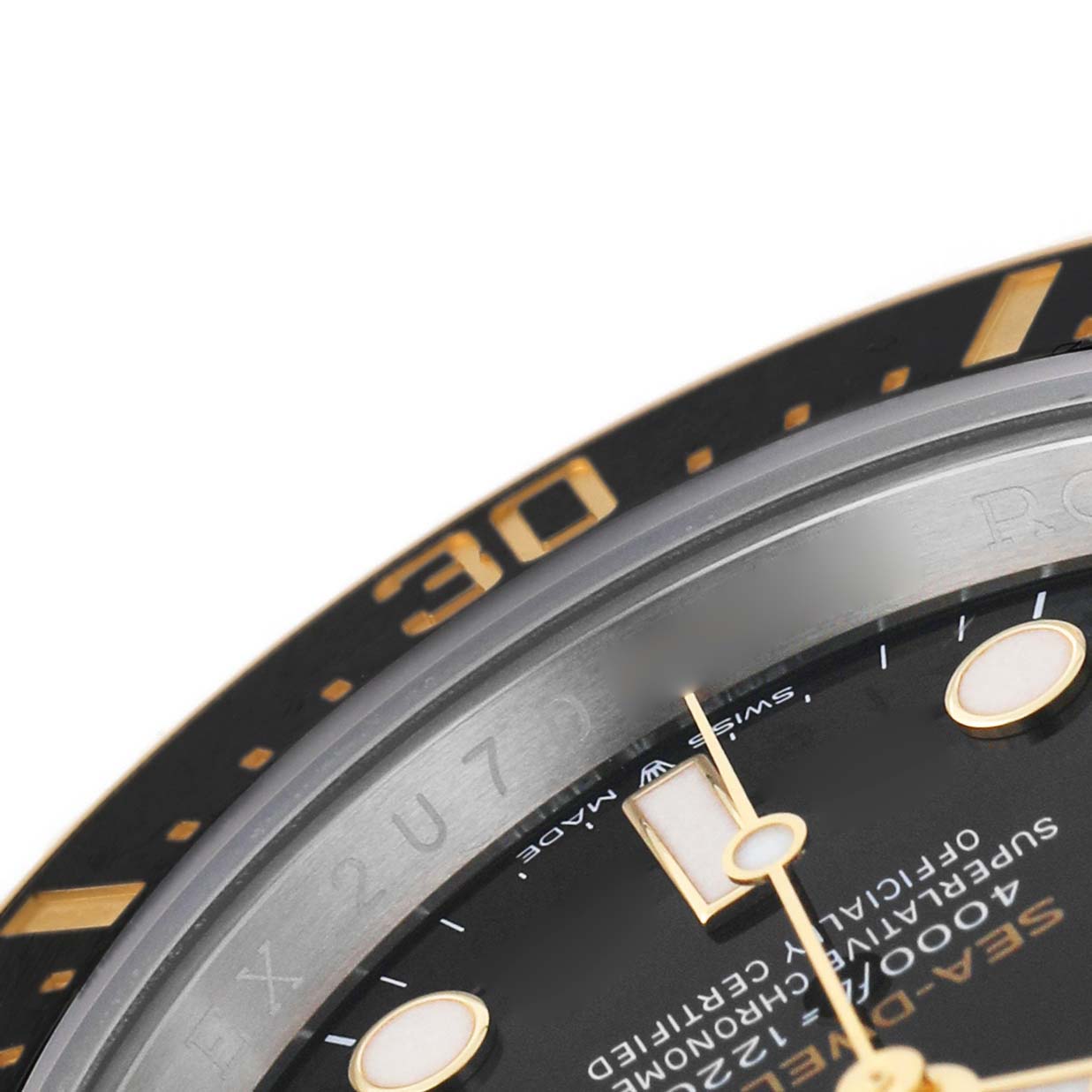 The image shows a close-up of the dial, bezel, and hands of the Rolex Sea-Dweller 126603 Men's Steel and Gold (two tone) Black Dial watch, focusing on the markers and text.