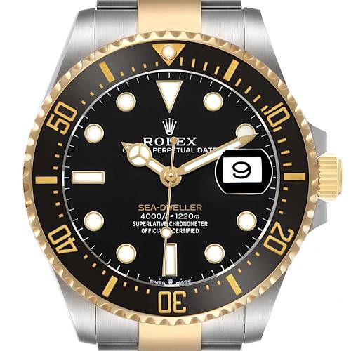 The Rolex Sea-Dweller 126603 Men's Steel and Gold (two tone) Black Dial watch is shown from the front, highlighting the face, bezel, hands, and date display.