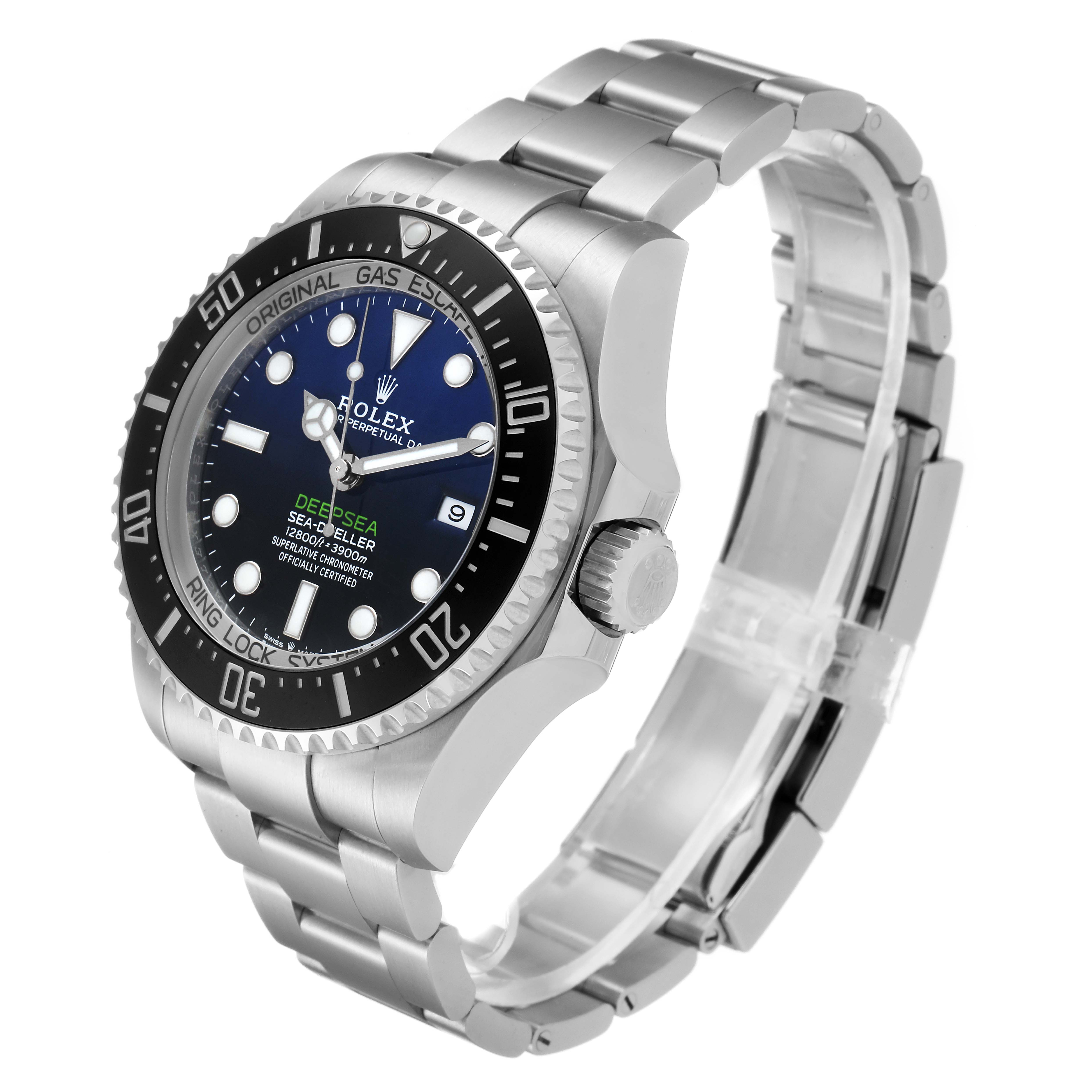 The Rolex Sea-Dweller 126660 Men
s Stainless Steel Blue Dial 126660 Men
s Stainless Steel Blue Dial watch is shown at an angle displaying the watch face, bezel, crown, and stainless steel bracelet.