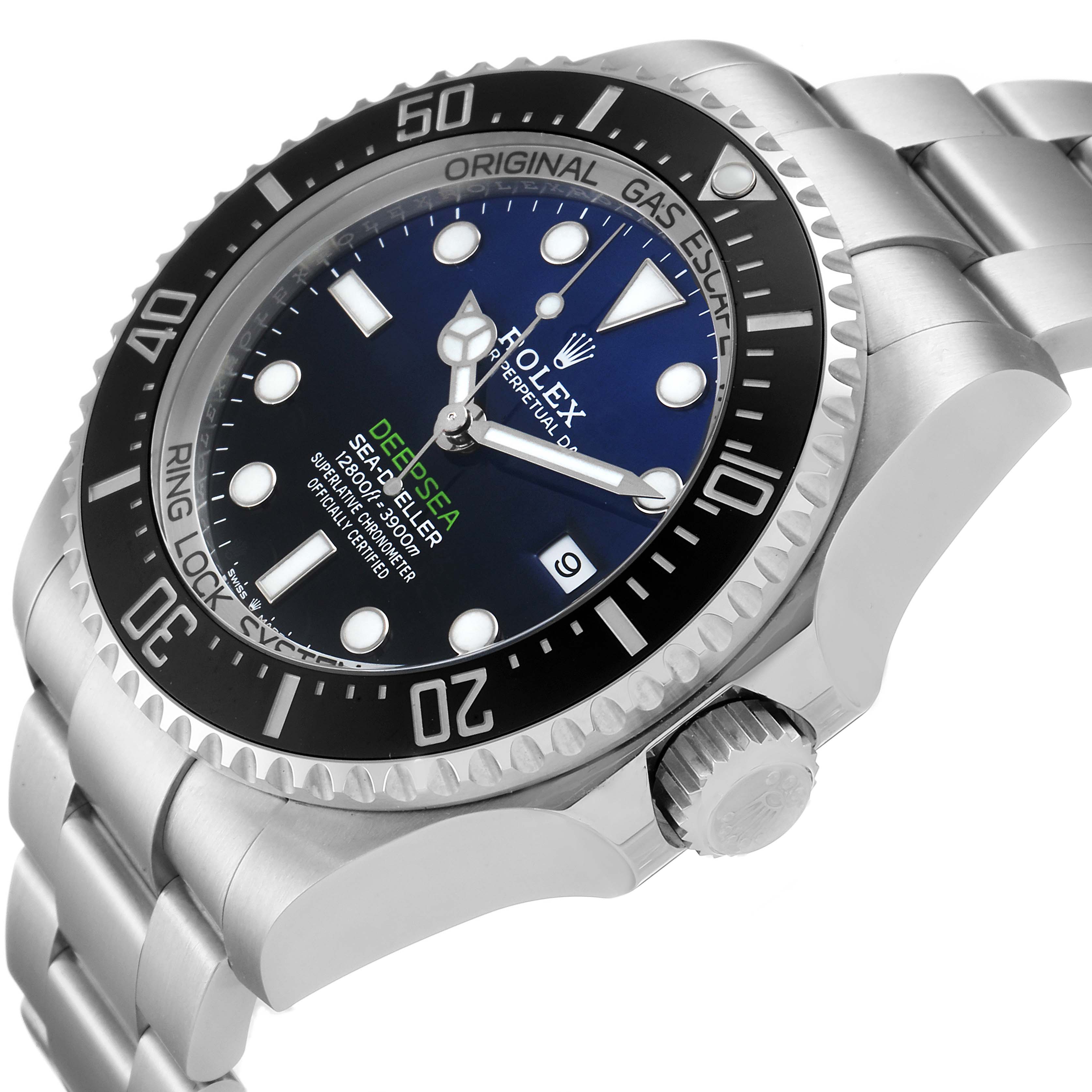 The image shows the Rolex Sea-Dweller 126660 Men
s Stainless Steel Blue Dial 126660 Men
s Stainless Steel Blue Dial watch at a slight side angle, displaying its bezel, dial, bracelet, and crown.