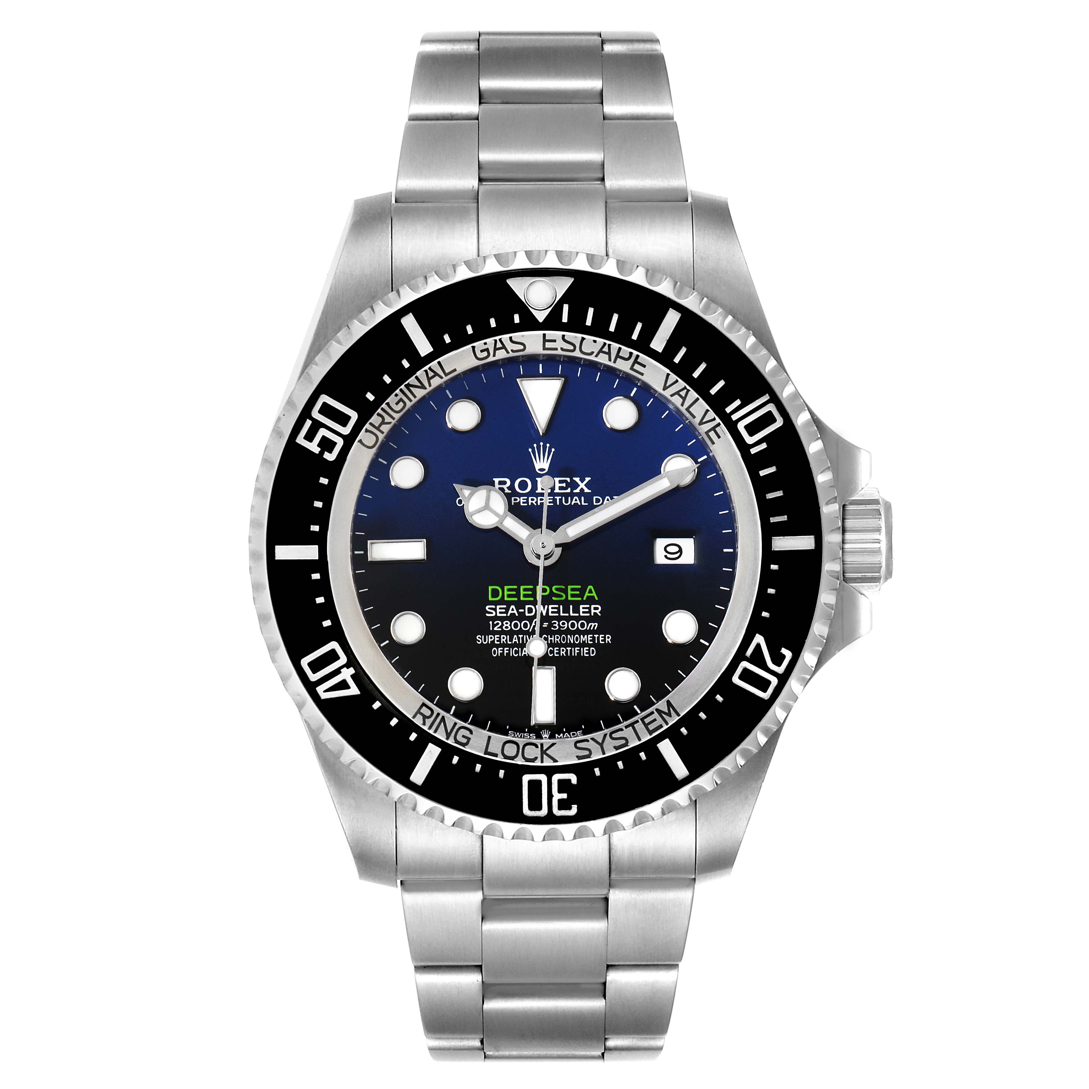 The image shows a front view of a Rolex Sea-Dweller 126660 Men
s Stainless Steel Blue Dial 126660 Men
s Stainless Steel Blue Dial Deepsea watch, displaying the dial, bezel, crown, and stainless steel bracelet.