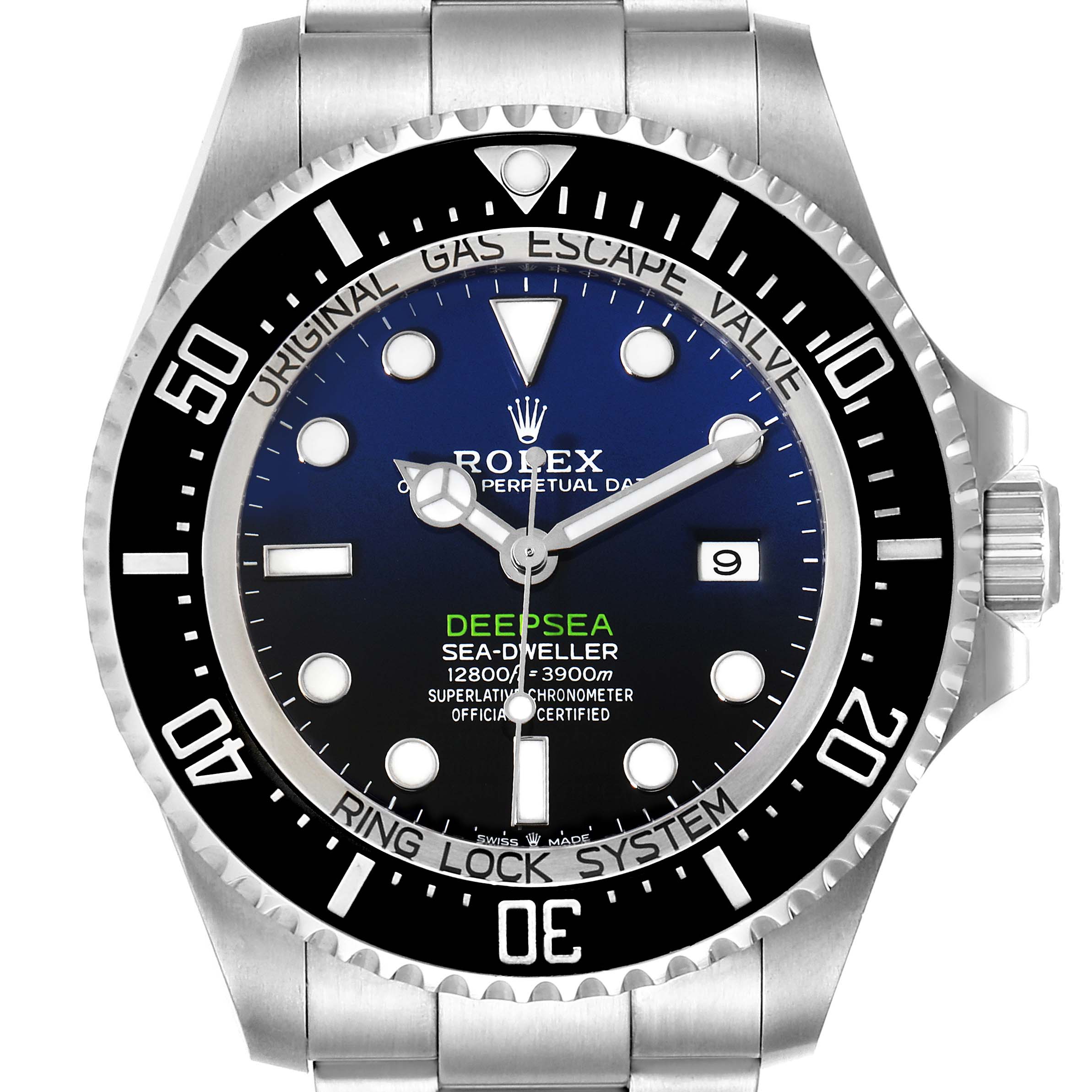 This image shows a front view of the Rolex Sea-Dweller 126660 Men
s Stainless Steel Blue Dial 126660 Men
s Stainless Steel Blue Dial Deepsea watch, highlighting the dial, bezel, and bracelet.