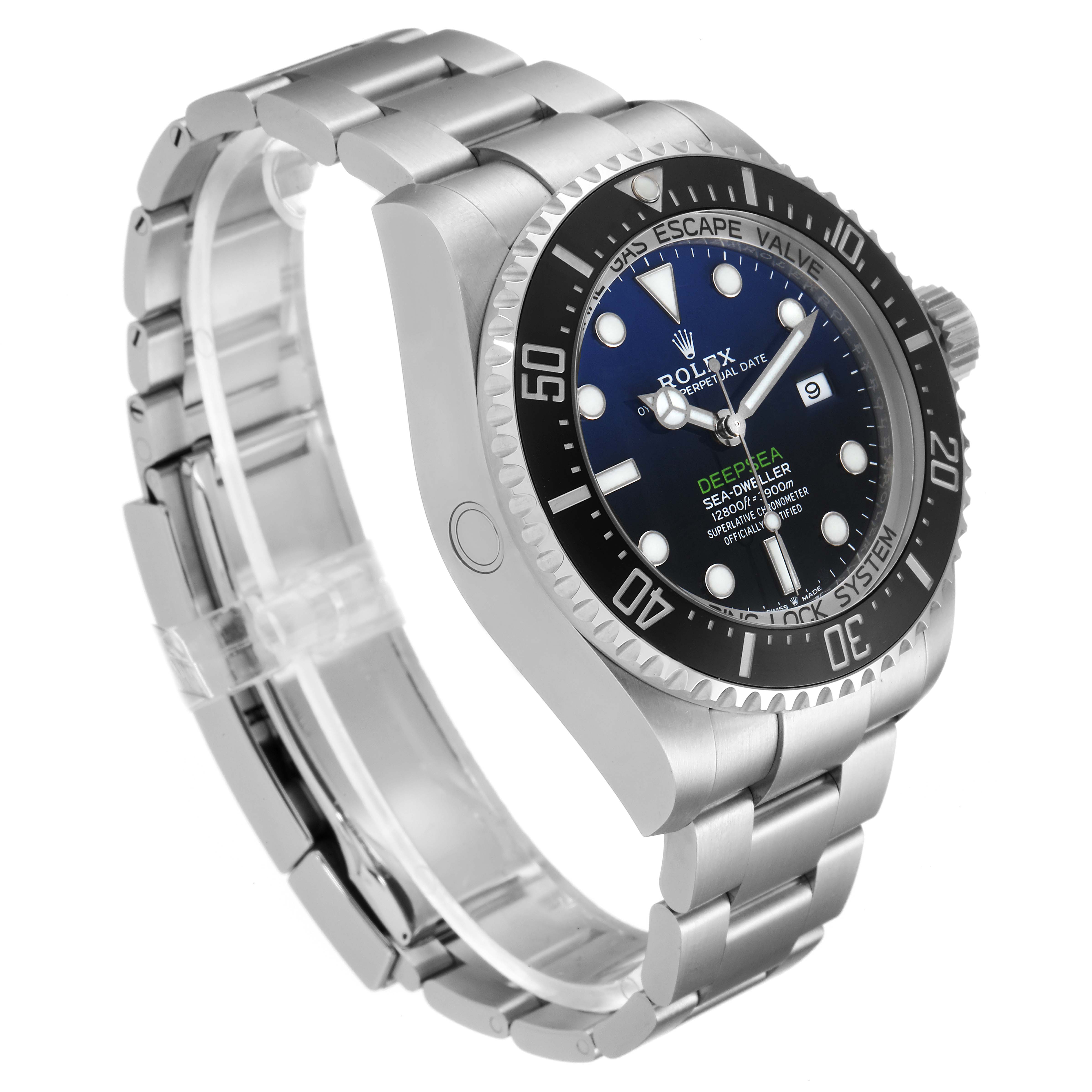 The Rolex Sea-Dweller 126660 Men
s Stainless Steel Blue Dial 126660 Men
s Stainless Steel Blue Dial watch is shown at an angle displaying the dial, bezel, bracelet, and crown.