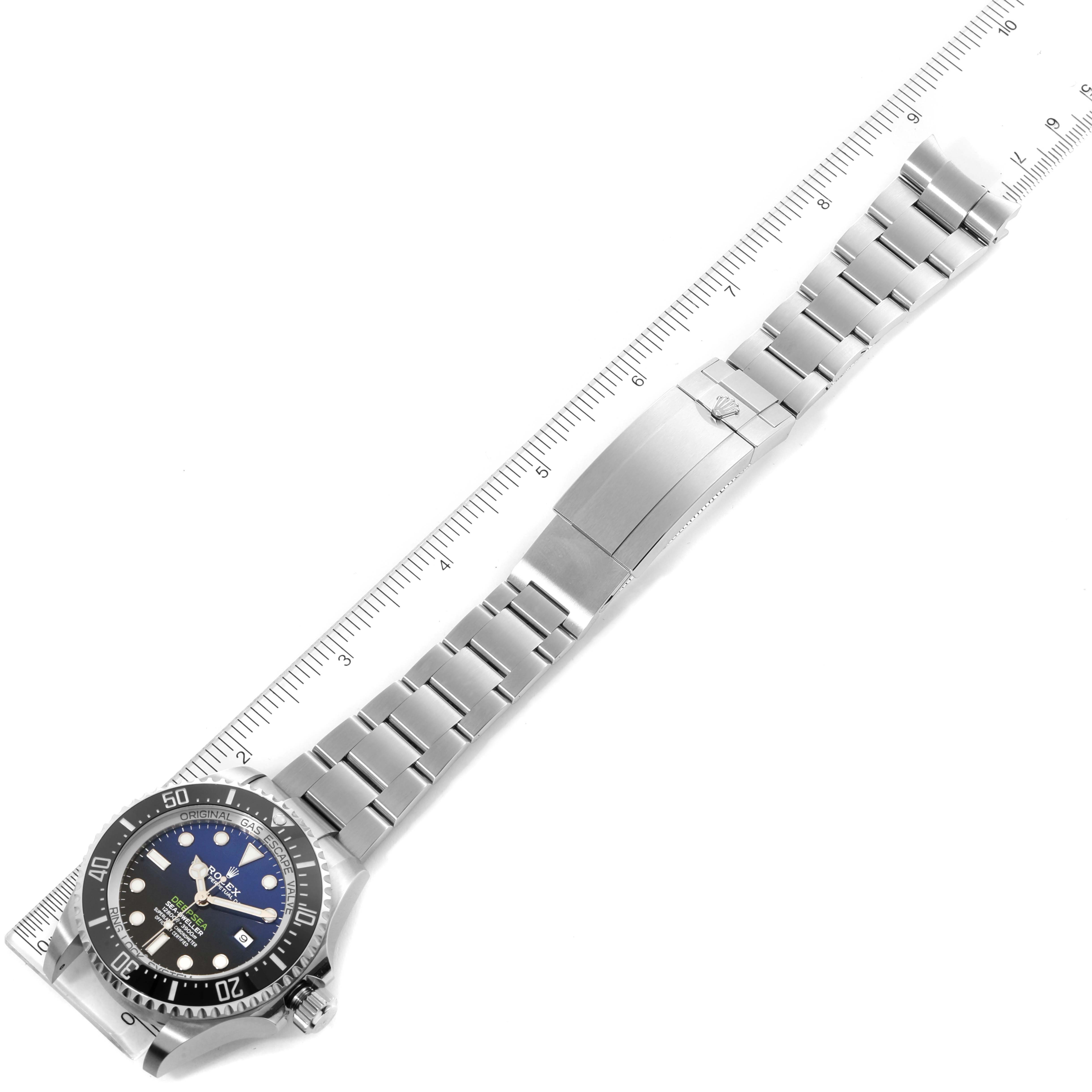 The image shows a top-down view of the Rolex Sea-Dweller 126660 Men
s Stainless Steel Blue Dial 126660 Men
s Stainless Steel Blue Dial watch including its dial, bezel, and full metal bracelet with clasp.
