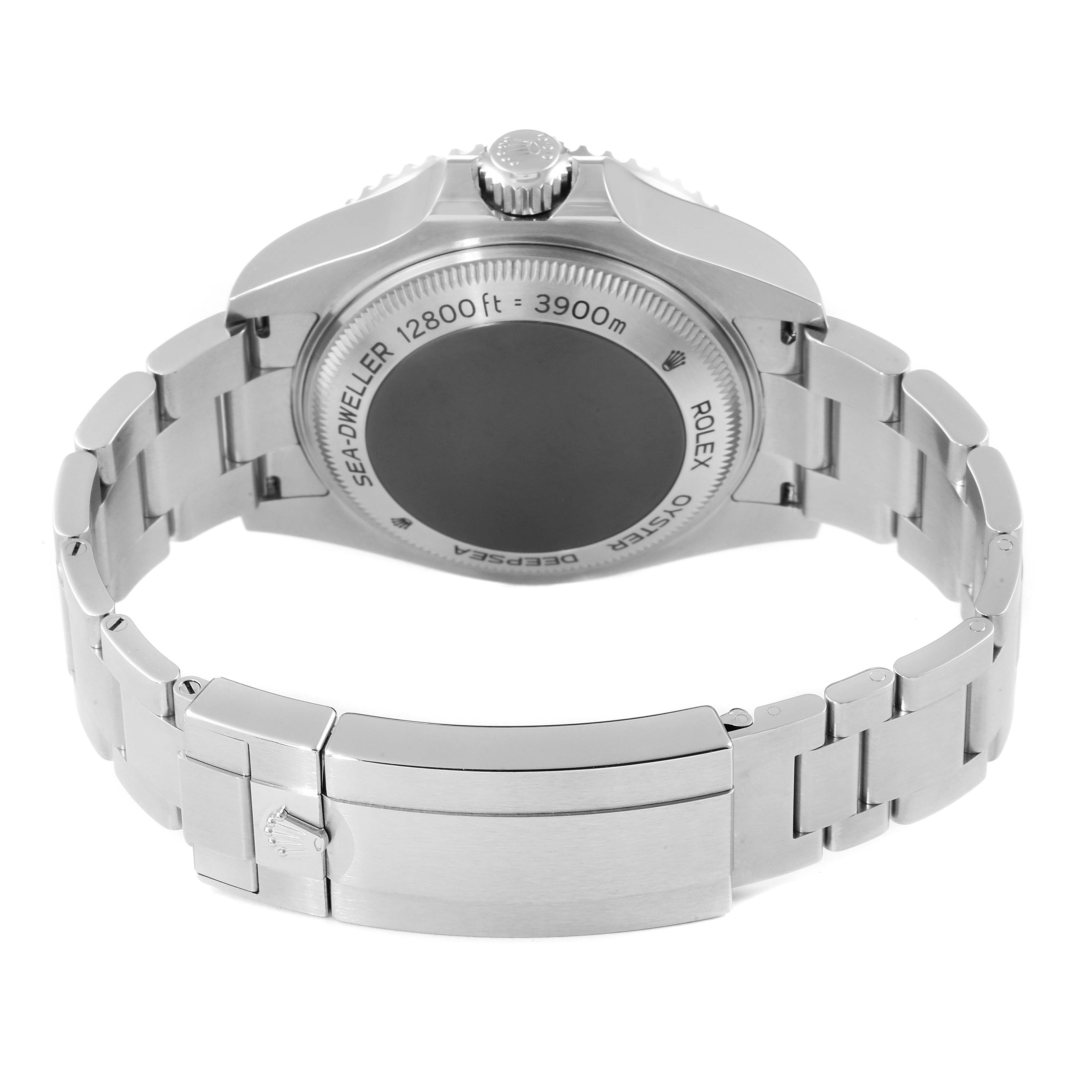 The image shows the back view of a Rolex Sea-Dweller 126660 Men
s Stainless Steel Blue Dial 126660 Men
s Stainless Steel Blue Dial watch, highlighting its bracelet and case back.