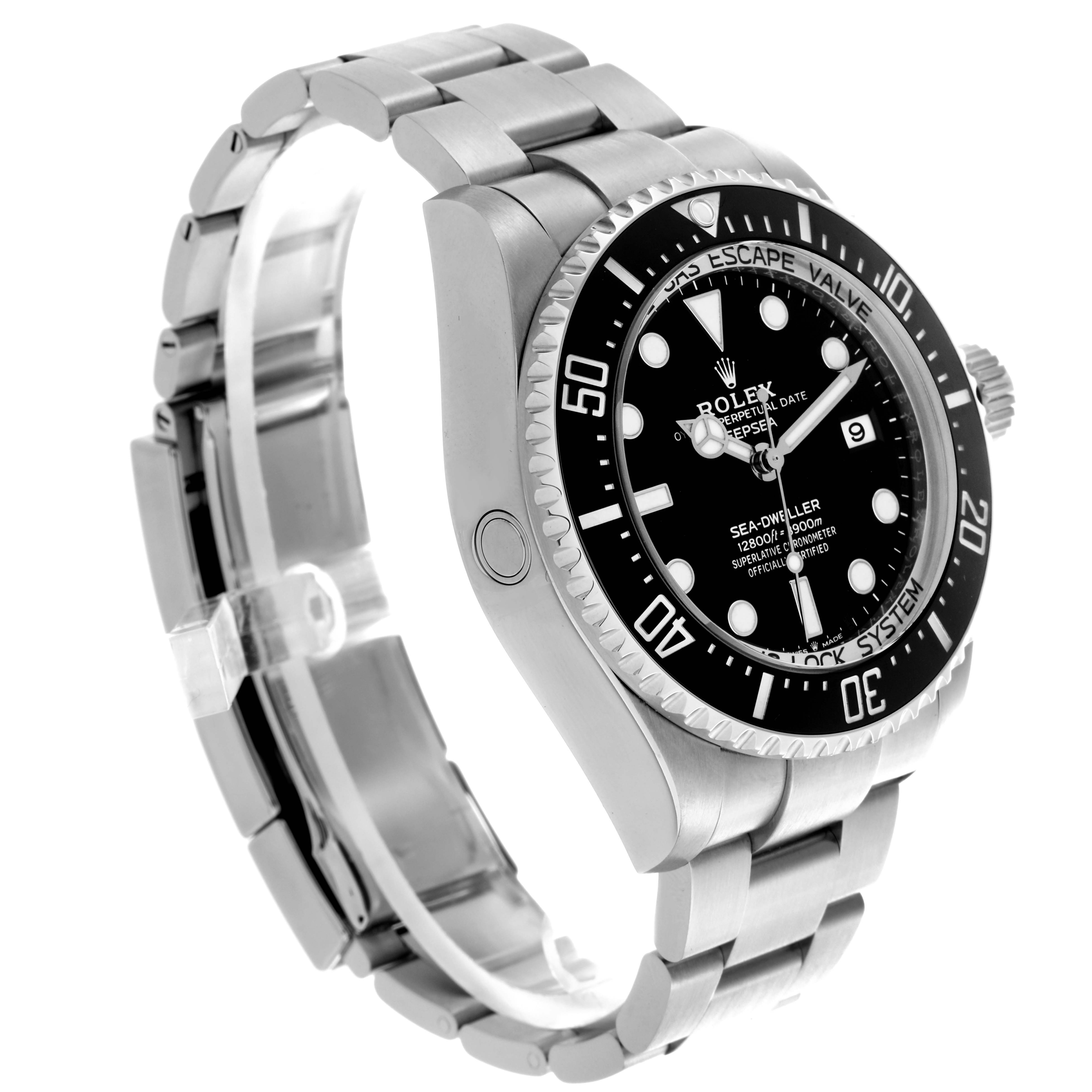 The Rolex Sea-Dweller 136660 Men
s Stainless Steel Black Dial 136660 Men
s Stainless Steel Black Dial watch is shown at a three-quarter angle, highlighting the bezel, dial, and metal bracelet.