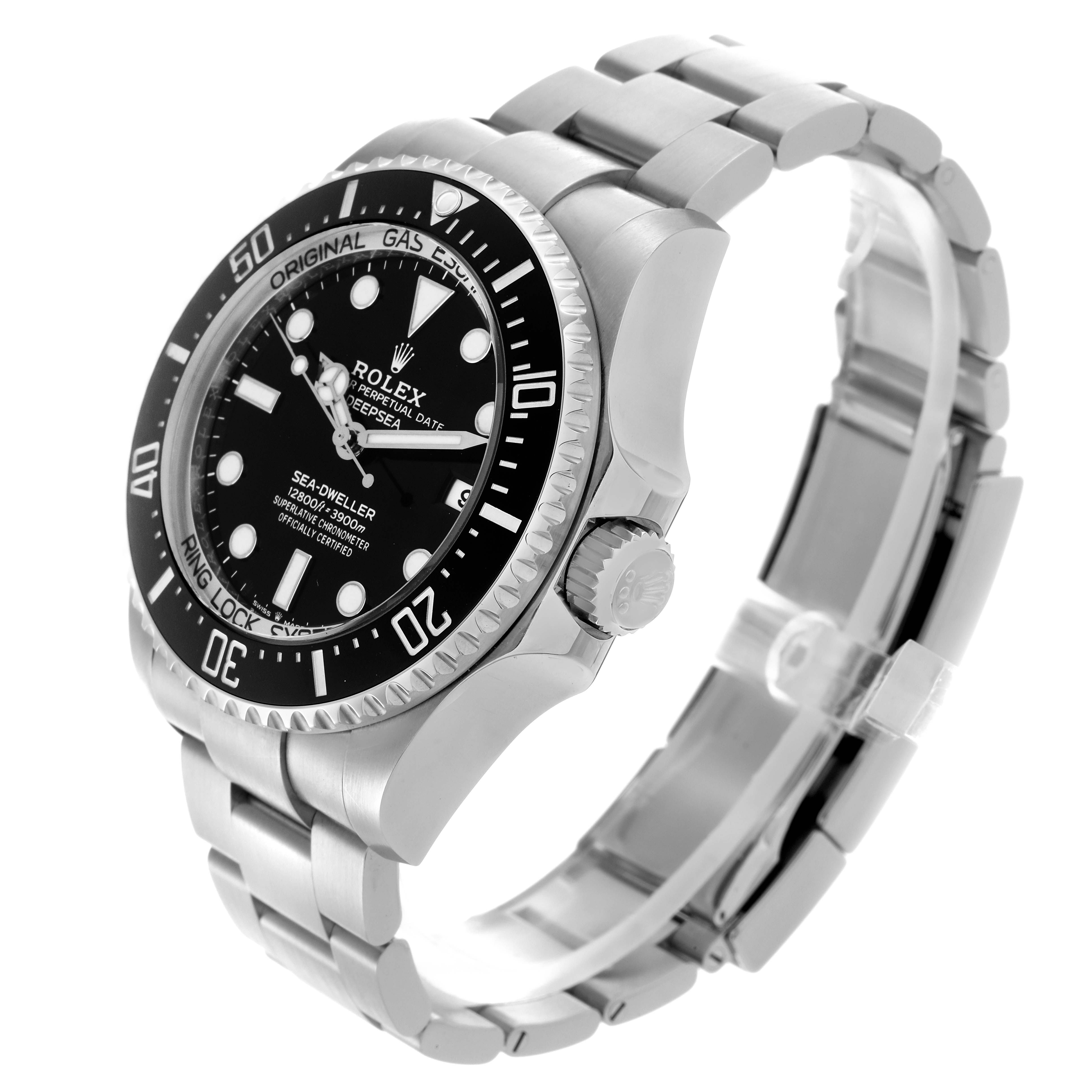The Rolex Sea-Dweller 136660 Men
s Stainless Steel Black Dial 136660 Men
s Stainless Steel Black Dial watch is shown from a three-quarter angle, highlighting its bezel, dial, bracelet, and crown.