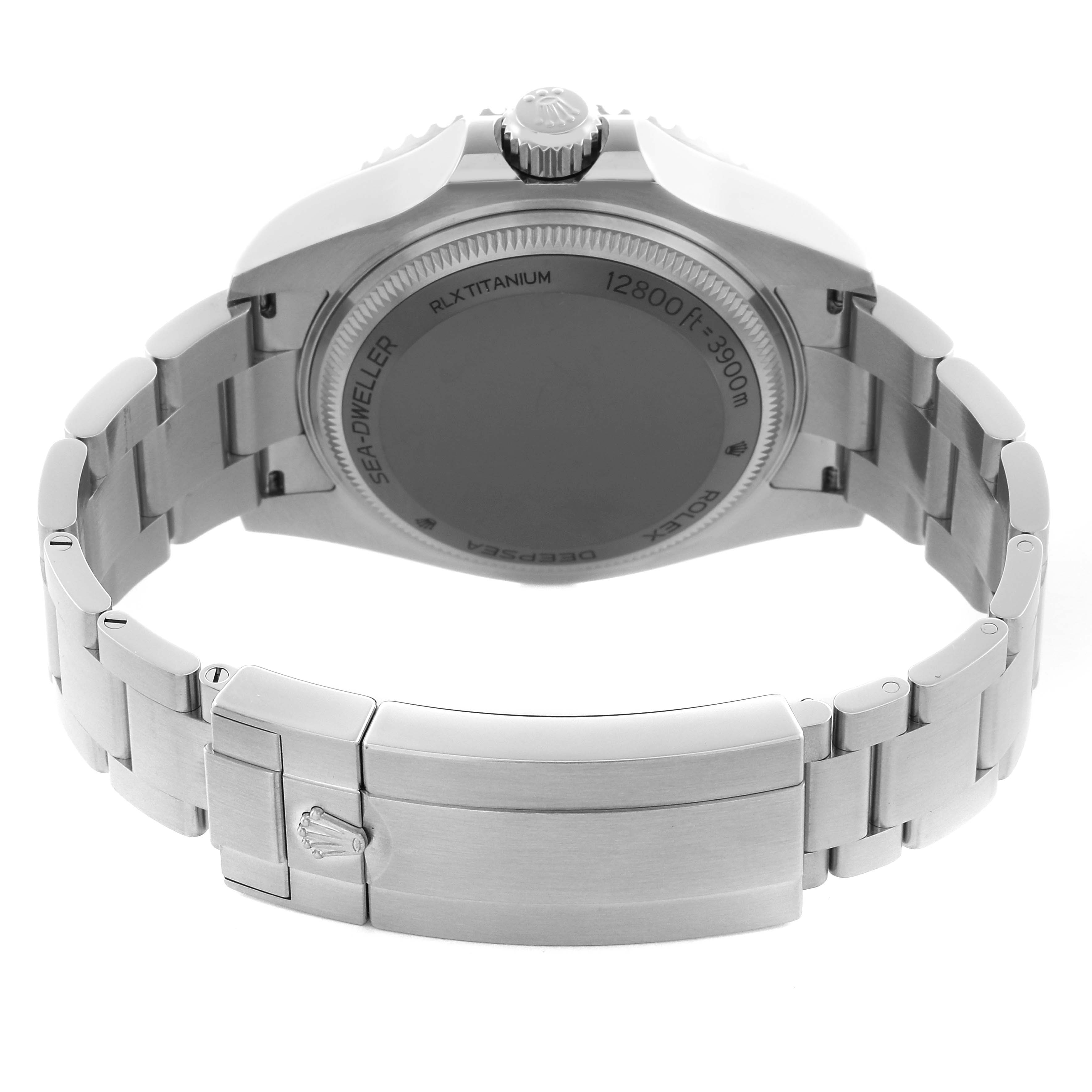 The image shows the back view of a Rolex Sea-Dweller 136660 Men
s Stainless Steel Black Dial 136660 Men
s Stainless Steel Black Dial, highlighting the case back, bracelet, and clasp.