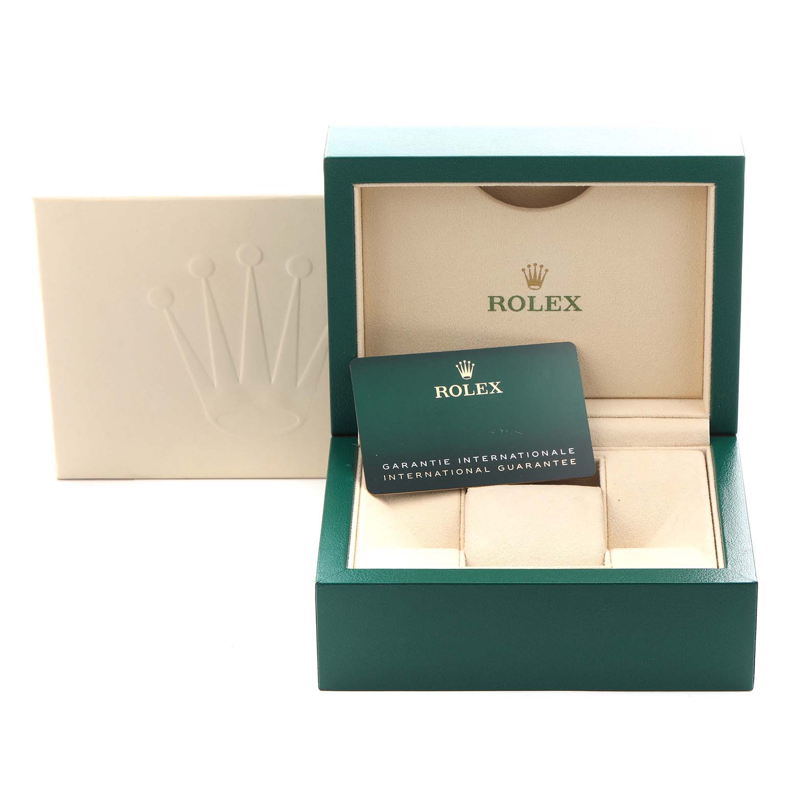 The image shows a Rolex Sea-Dweller 136660 Men
s Stainless Steel Black Dial 136660 Men
s Stainless Steel Black Dial
s open green box and guarantee card, viewed from the front.