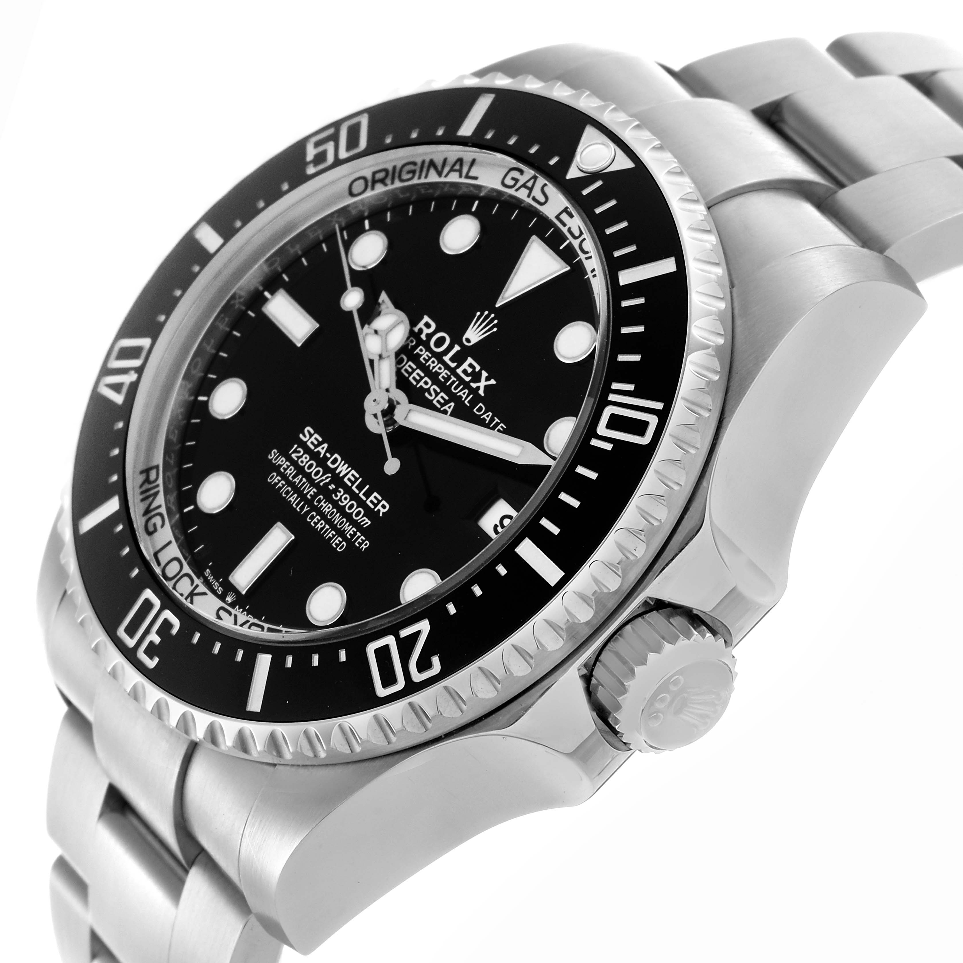 The Rolex Sea-Dweller 136660 Men
s Stainless Steel Black Dial 136660 Men
s Stainless Steel Black Dial watch is shown at an angled side view, highlighting the bezel, dial, crown, and part of the bracelet.