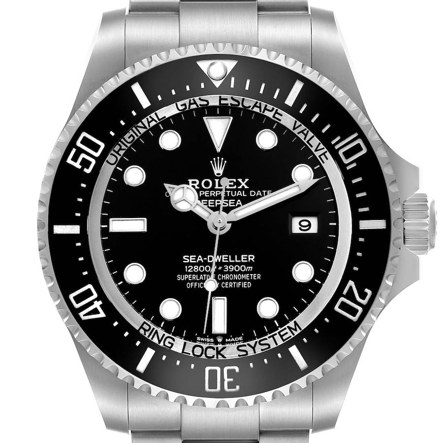 The Rolex Sea-Dweller watch is shown from the front, highlighting the dial, bezel, crown, and part of the bracelet.