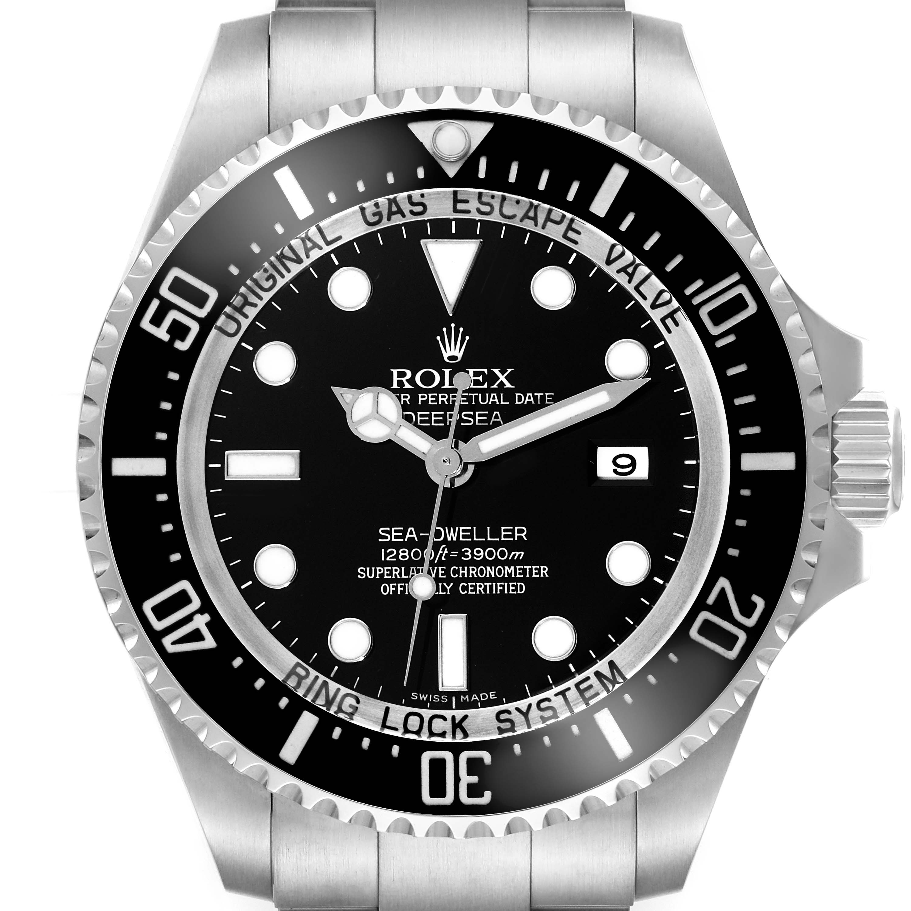 This is a front view of the Rolex Sea-Dweller 116660 Men
s Stainless Steel Black Dial 116660 Men
s Stainless Steel Black Dial watch, showcasing its face, bezel, and crown.