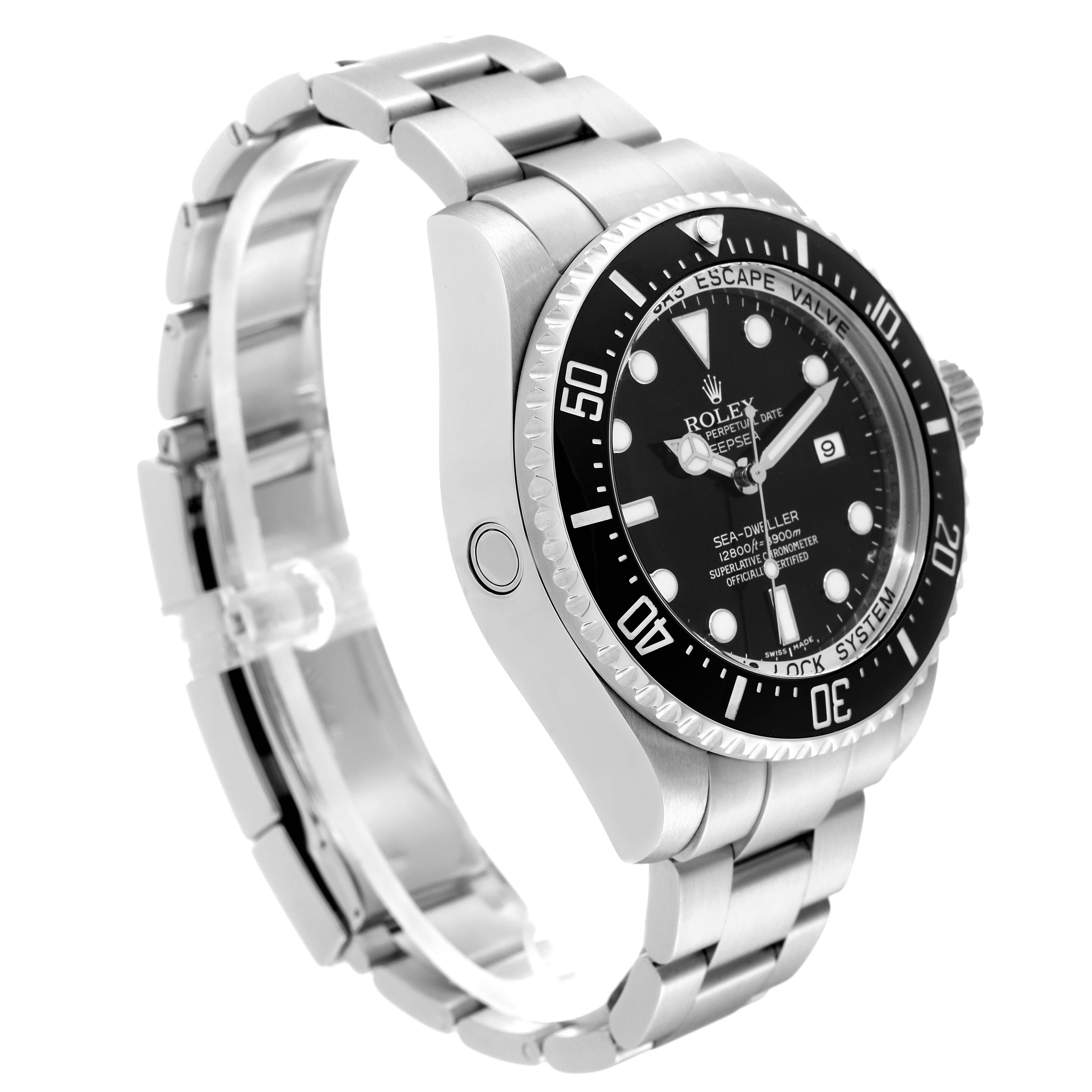 This image shows a side perspective of a Rolex Sea-Dweller 116660 Men
s Stainless Steel Black Dial 116660 Men
s Stainless Steel Black Dial watch, highlighting the bezel, dial, and bracelet.