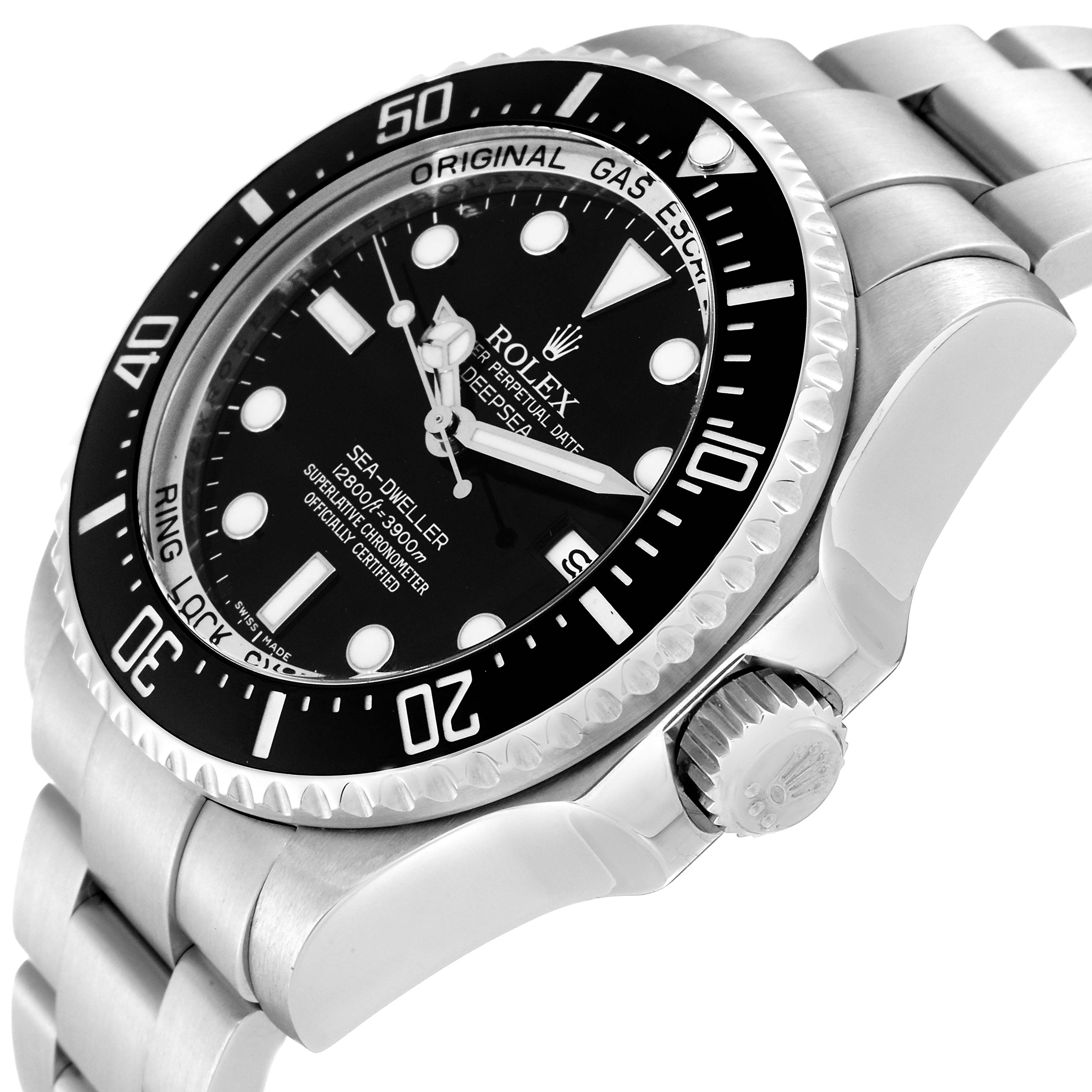 This image shows a close-up angle of the Rolex Sea-Dweller 116660 Men
s Stainless Steel Black Dial 116660 Men
s Stainless Steel Black Dial watch
s face, bezel, and part of its bracelet.