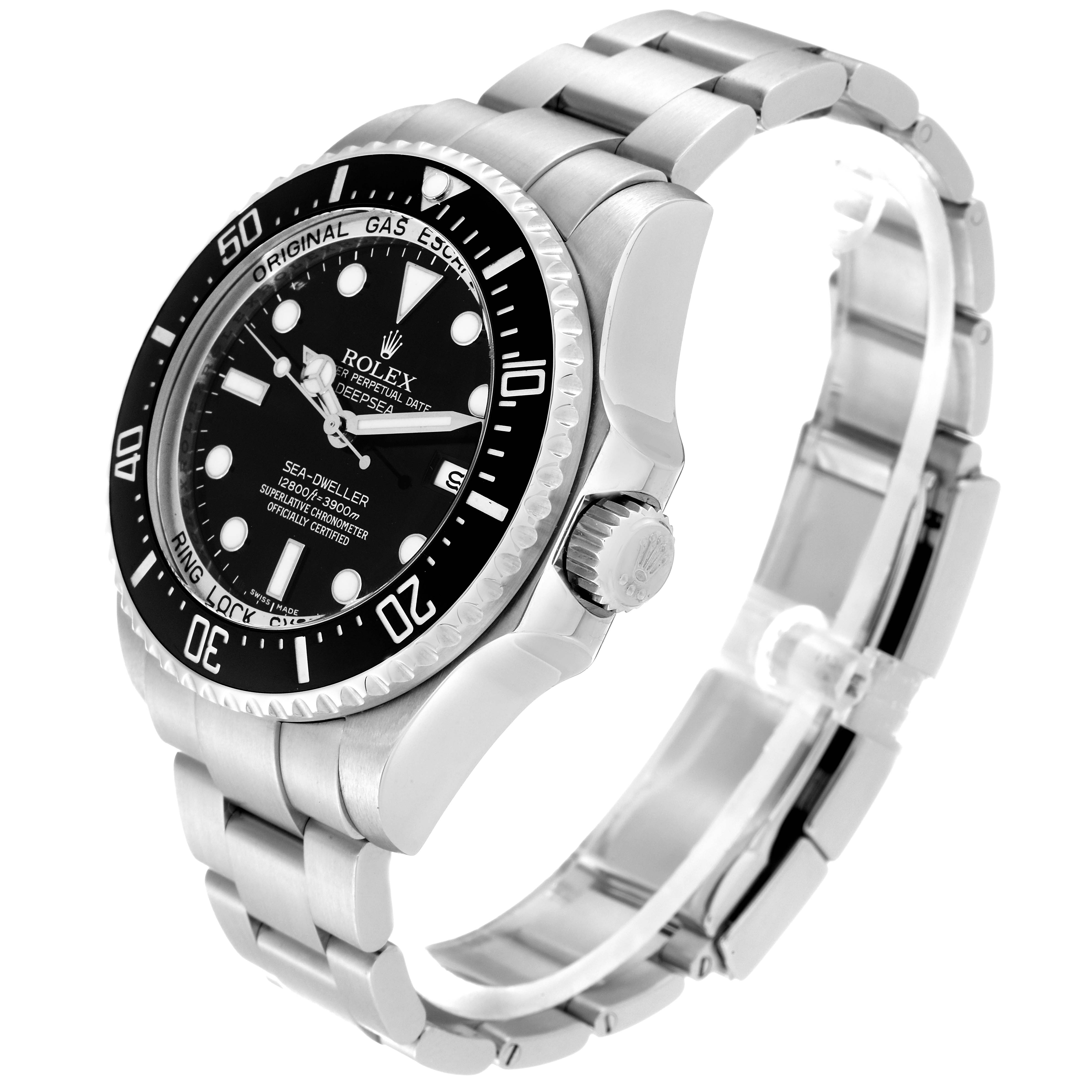 This image shows a Rolex Sea-Dweller 116660 Men
s Stainless Steel Black Dial 116660 Men
s Stainless Steel Black Dial watch angled to display the dial, bezel, crown, and part of the bracelet.