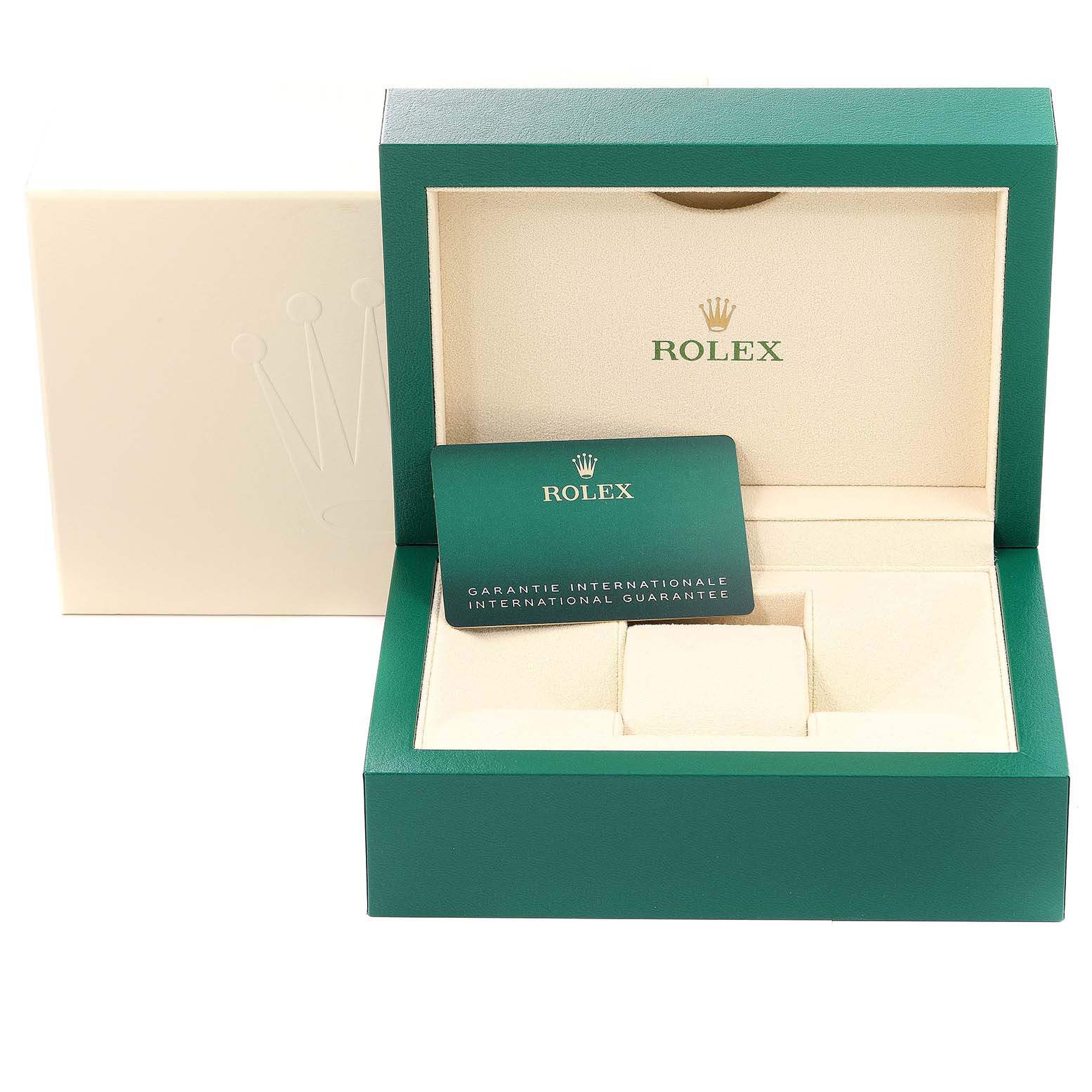 The image shows an open Rolex watch box for the Sky-Dweller model, displaying the interior packaging and warranty card.