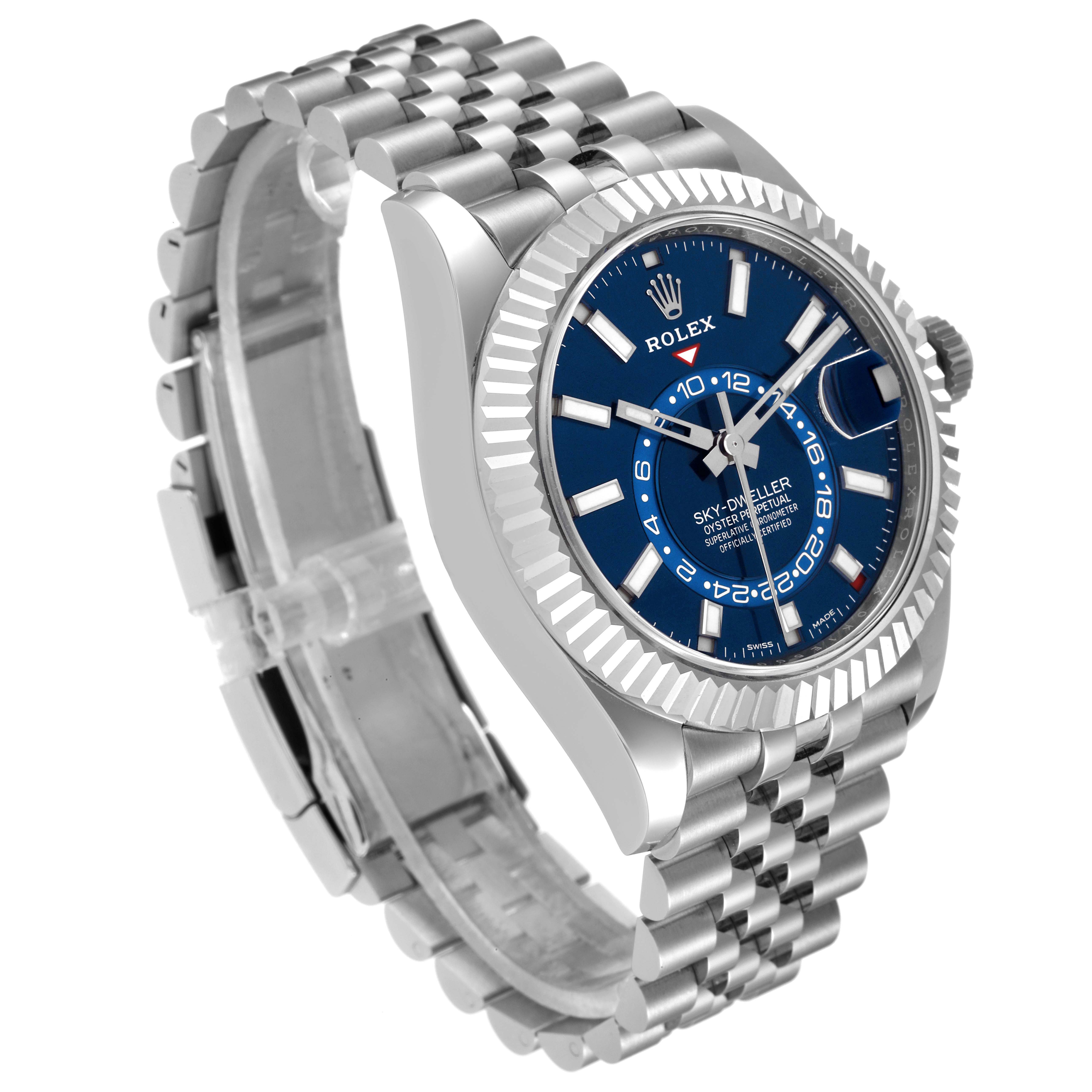 The Rolex Sky-Dweller 336934 Men's Stainless Steel Blue Dial is shown at a three-quarter angle, displaying the blue dial, bezel, crown, and bracelet.