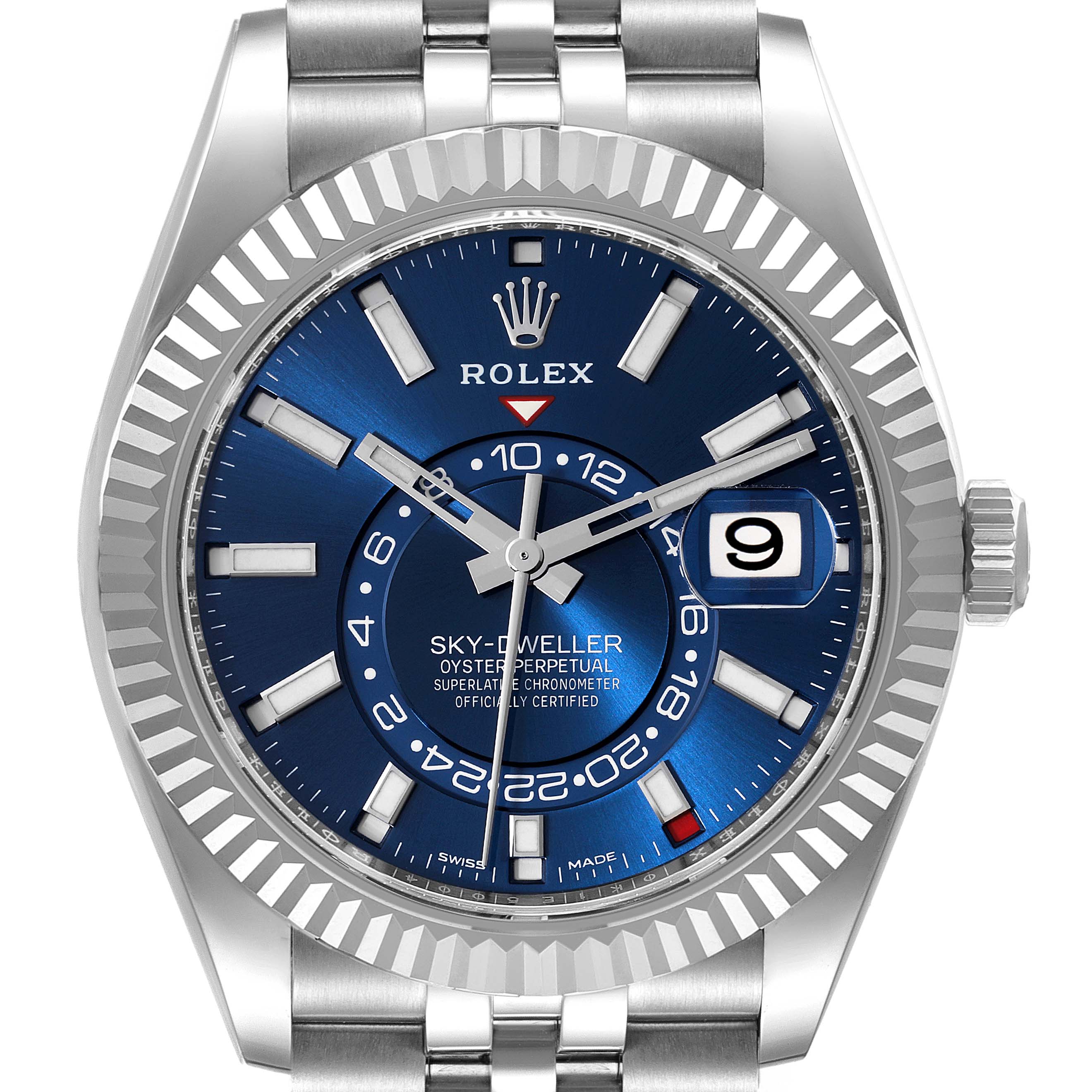 The Rolex Sky-Dweller 336934 Men's Stainless Steel Blue Dial watch is shown from a front angle, highlighting the blue dial, hour markers, and fluted bezel.