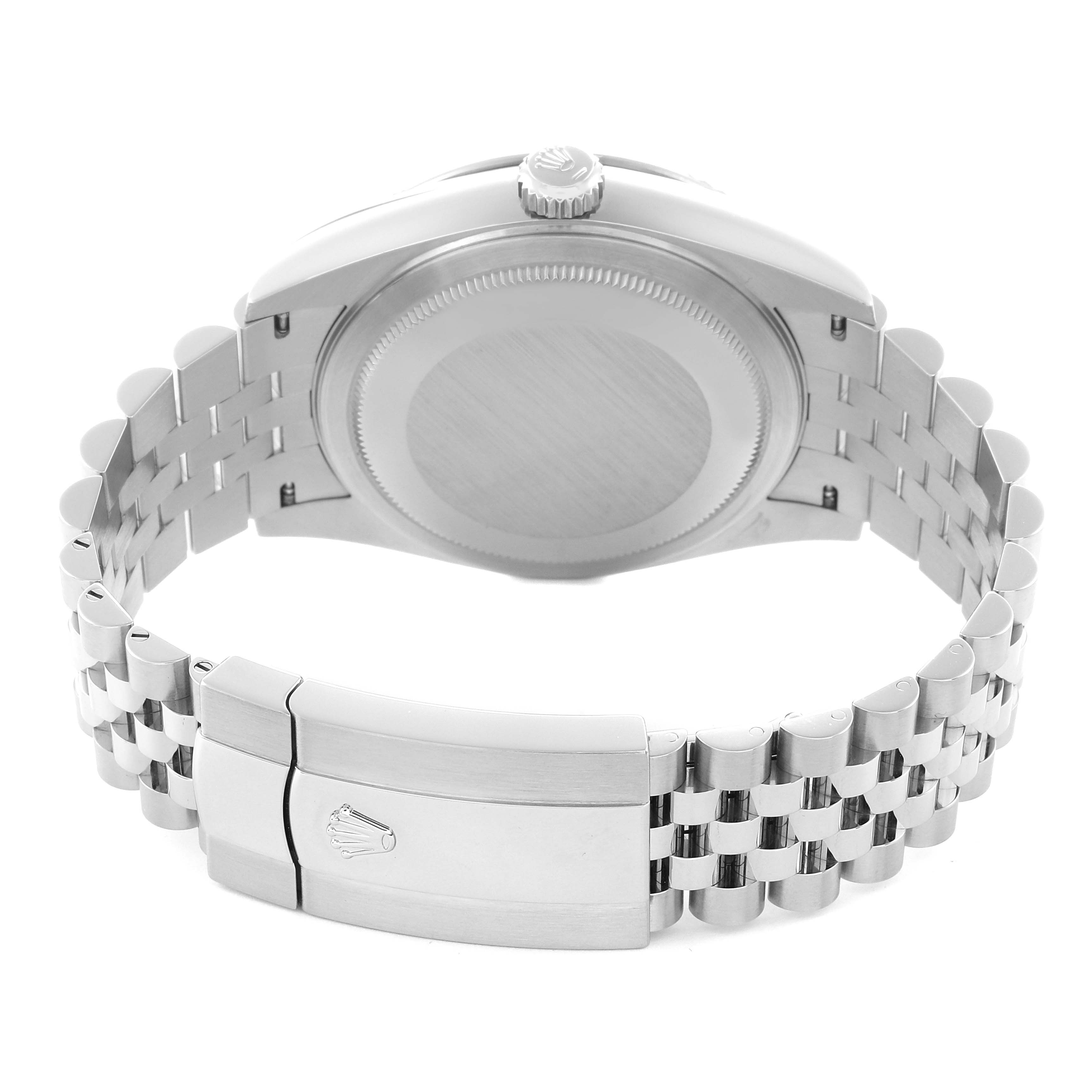 The image shows the back view of a Rolex Sky-Dweller 336934 Men's Stainless Steel Black Dial, highlighting its case back and metal bracelet with a clasp.
