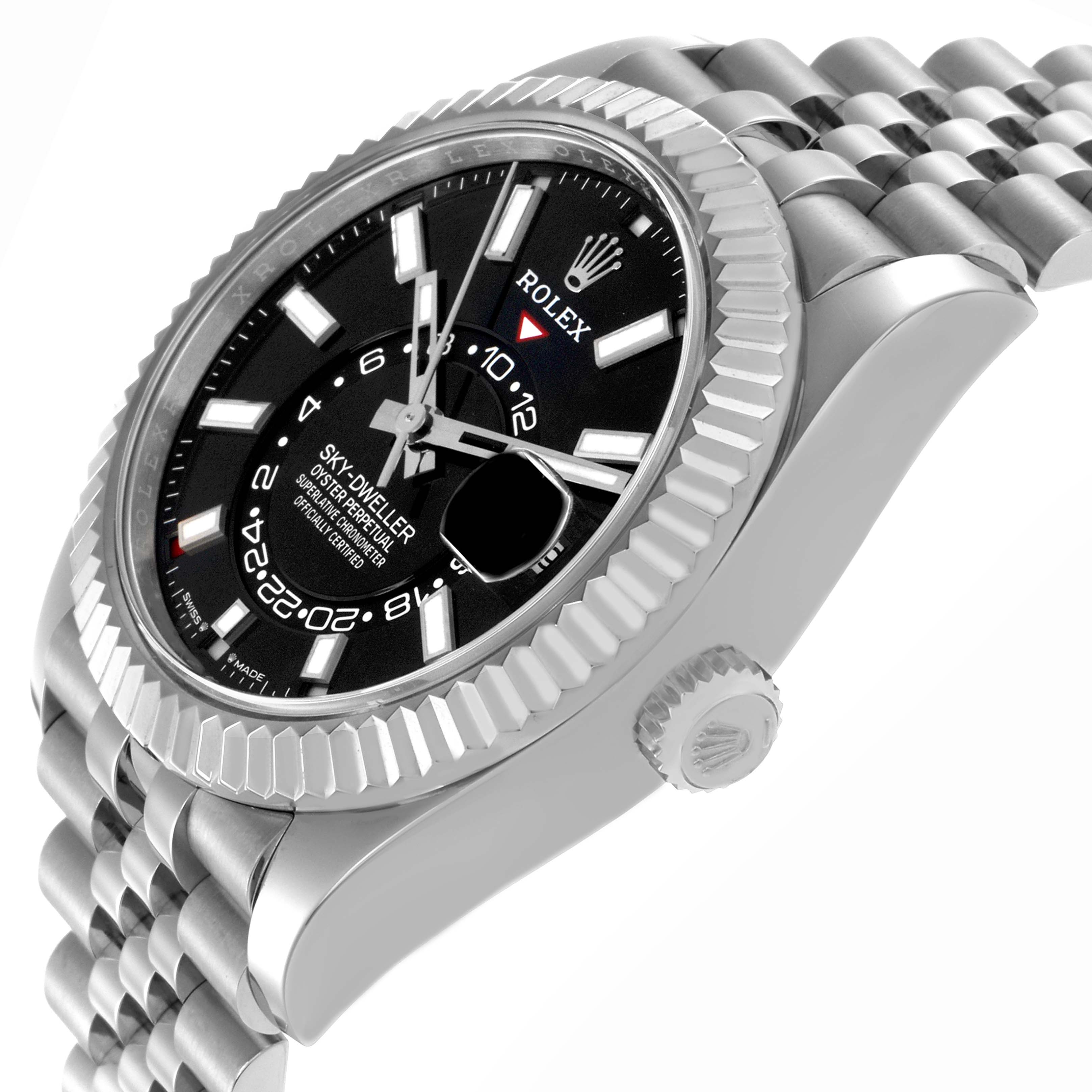 The Rolex Sky-Dweller 336934 Men's Stainless Steel Black Dial watch is shown at an angle highlighting the face, bezel, case, crown, and part of the bracelet.