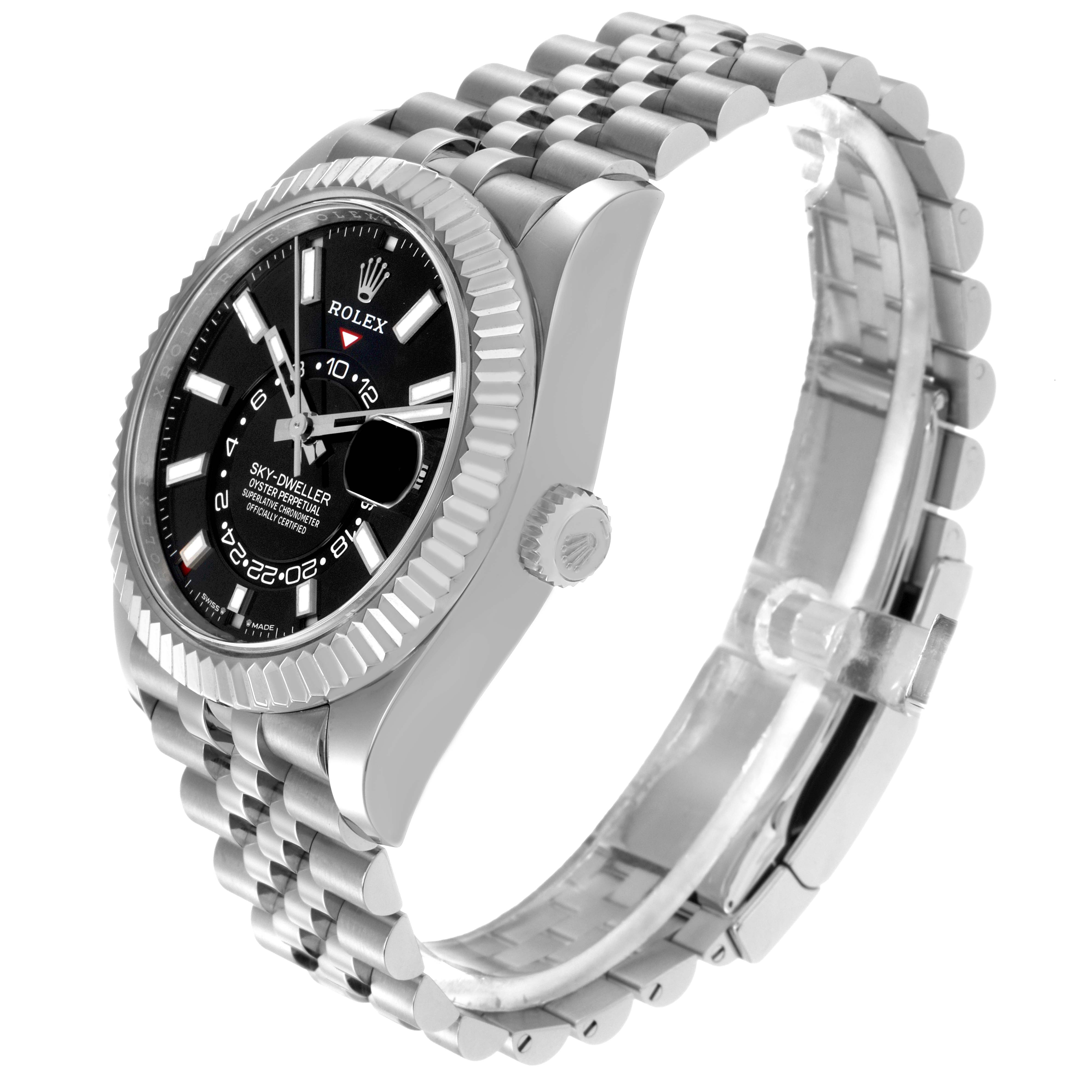The Rolex Sky-Dweller 336934 Men's Stainless Steel Black Dial watch is shown at a side angle, highlighting its bezel, dial, crown, and bracelet.