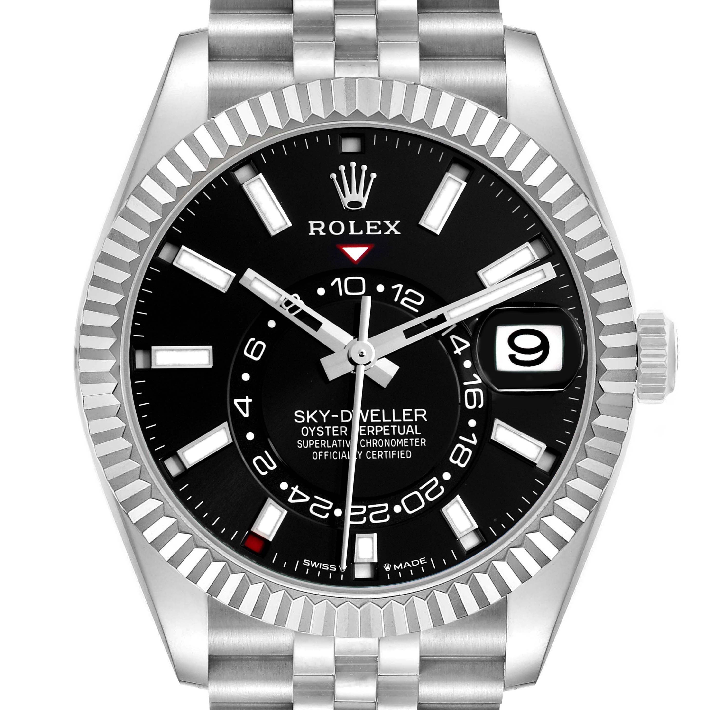 The Rolex Sky-Dweller 336934 Men's Stainless Steel Black Dial watch is shown from a front angle, highlighting the black dial, bezel, hour markers, and Jubilee bracelet.