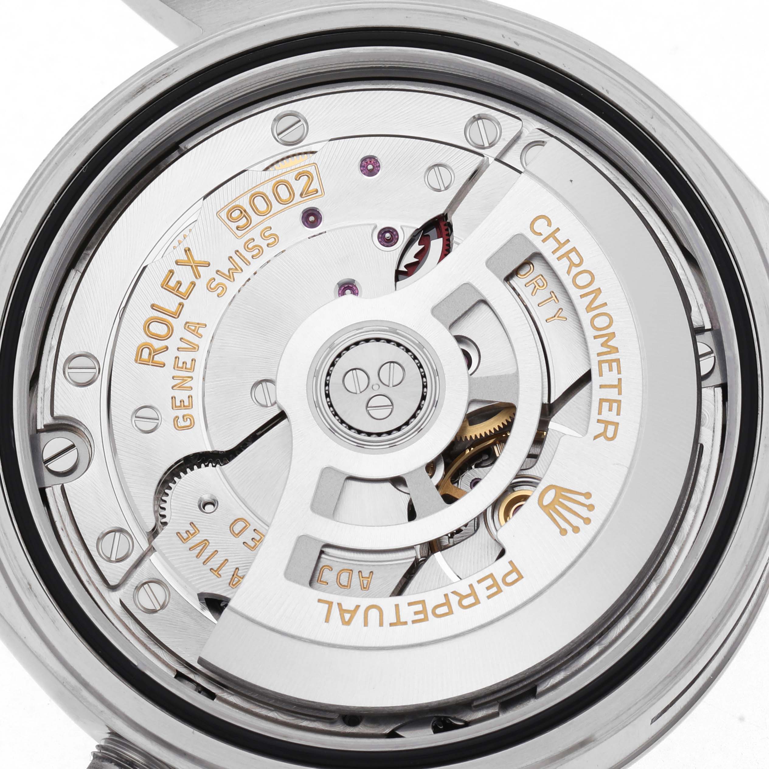 The image shows the movement of a Rolex Sky-Dweller 336934 Men's Stainless Steel Black Dial, displaying gears and engravings from the back angle.