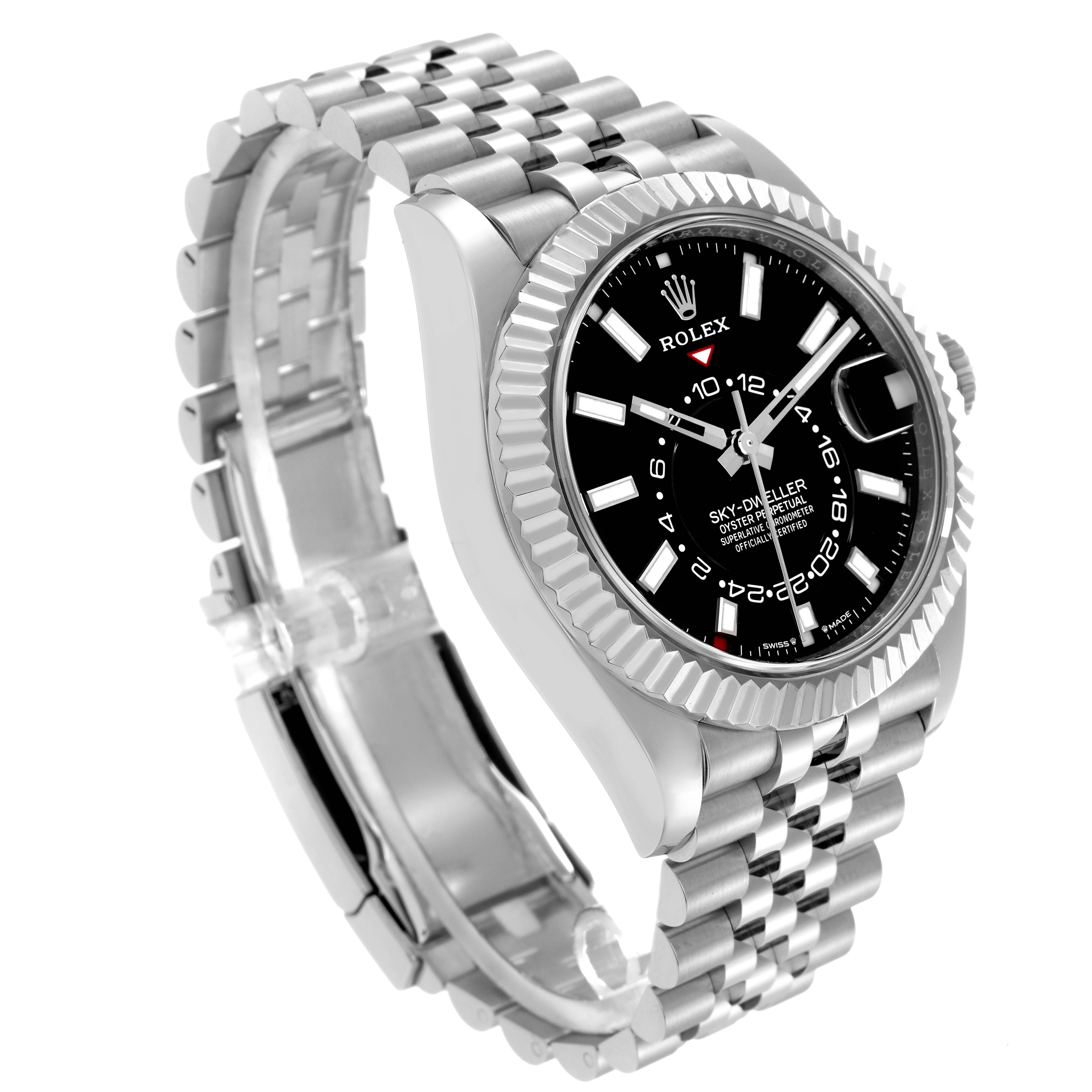 The Rolex Sky-Dweller 336934 Men's Stainless Steel Black Dial watch is shown at an angle highlighting its black dial, fluted bezel, and Jubilee bracelet.