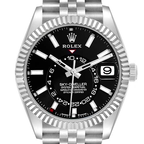 The Rolex Sky-Dweller 336934 Men's Stainless Steel Black Dial is shown from a front angle, highlighting its black face, fluted bezel, and Jubilee bracelet.