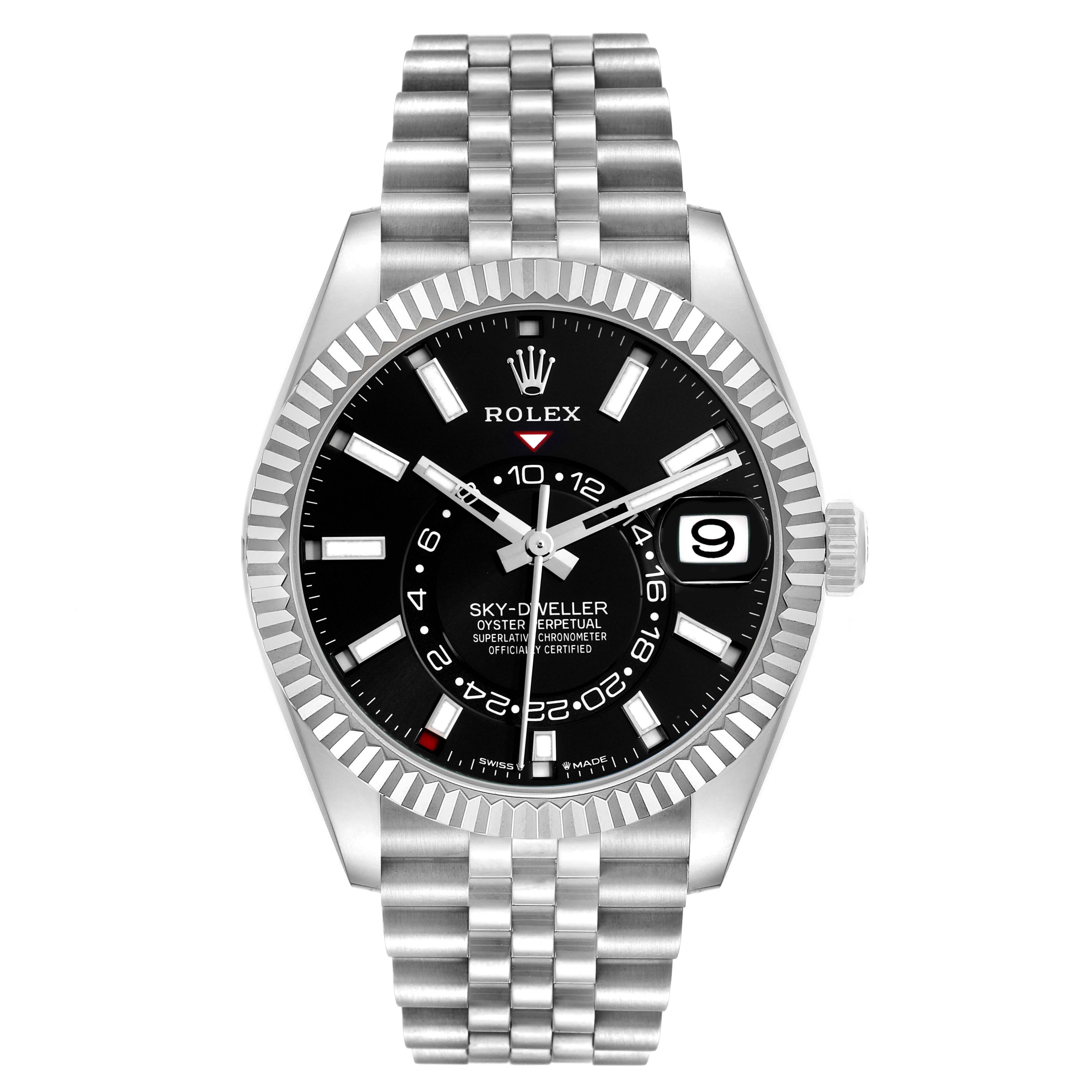 The Rolex Sky-Dweller 336934 Men's Stainless Steel Black Dial watch is shown from a front angle, displaying its face, bezel, crown, and bracelet.