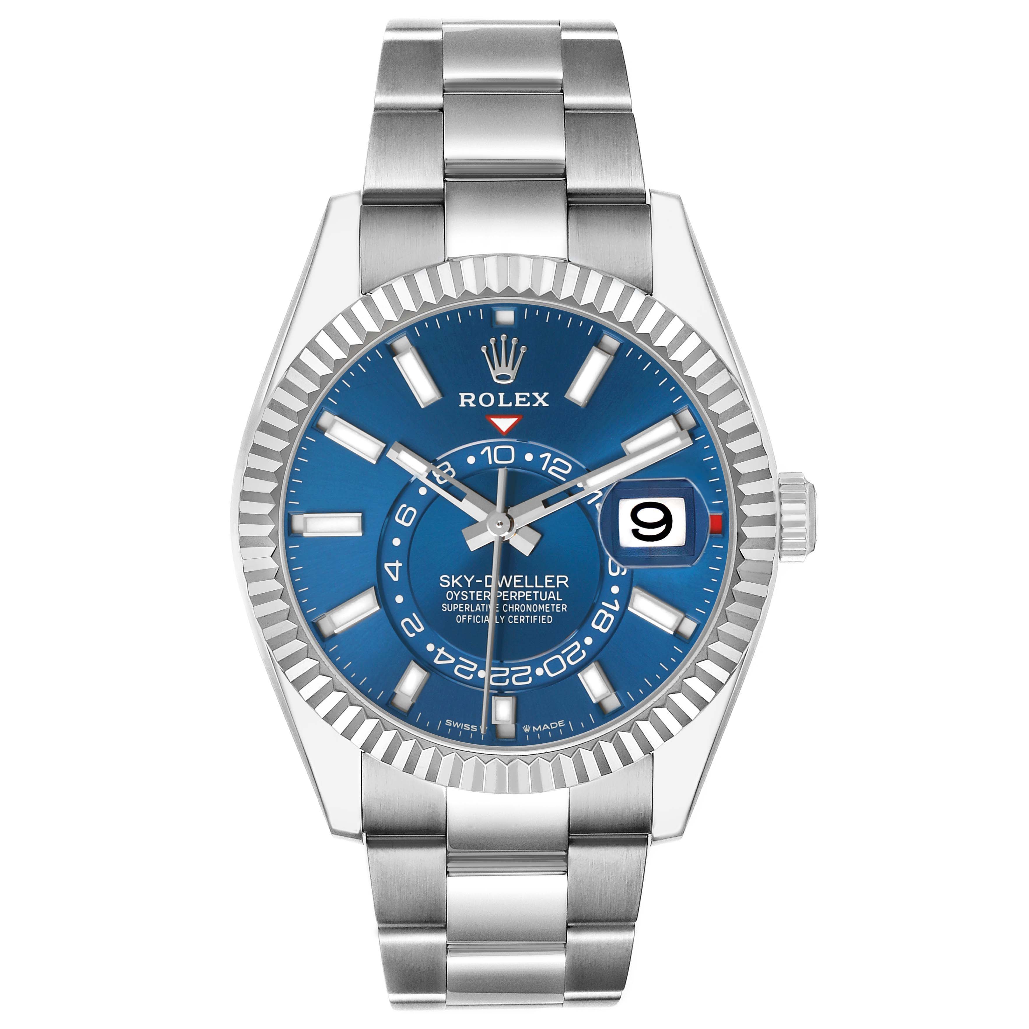 The Rolex Sky-Dweller 336934 Men's Stainless Steel Blue Dial watch is shown from a front view, displaying its blue dial, bezel, bracelet, and date window.