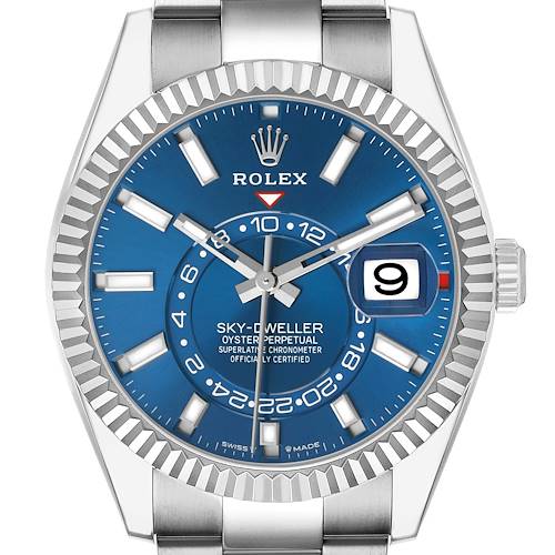 The Rolex Sky-Dweller 336934 Men's Stainless Steel Blue Dial watch is shown from a front view, featuring a blue dial, fluted bezel, and cyclops date magnifier.