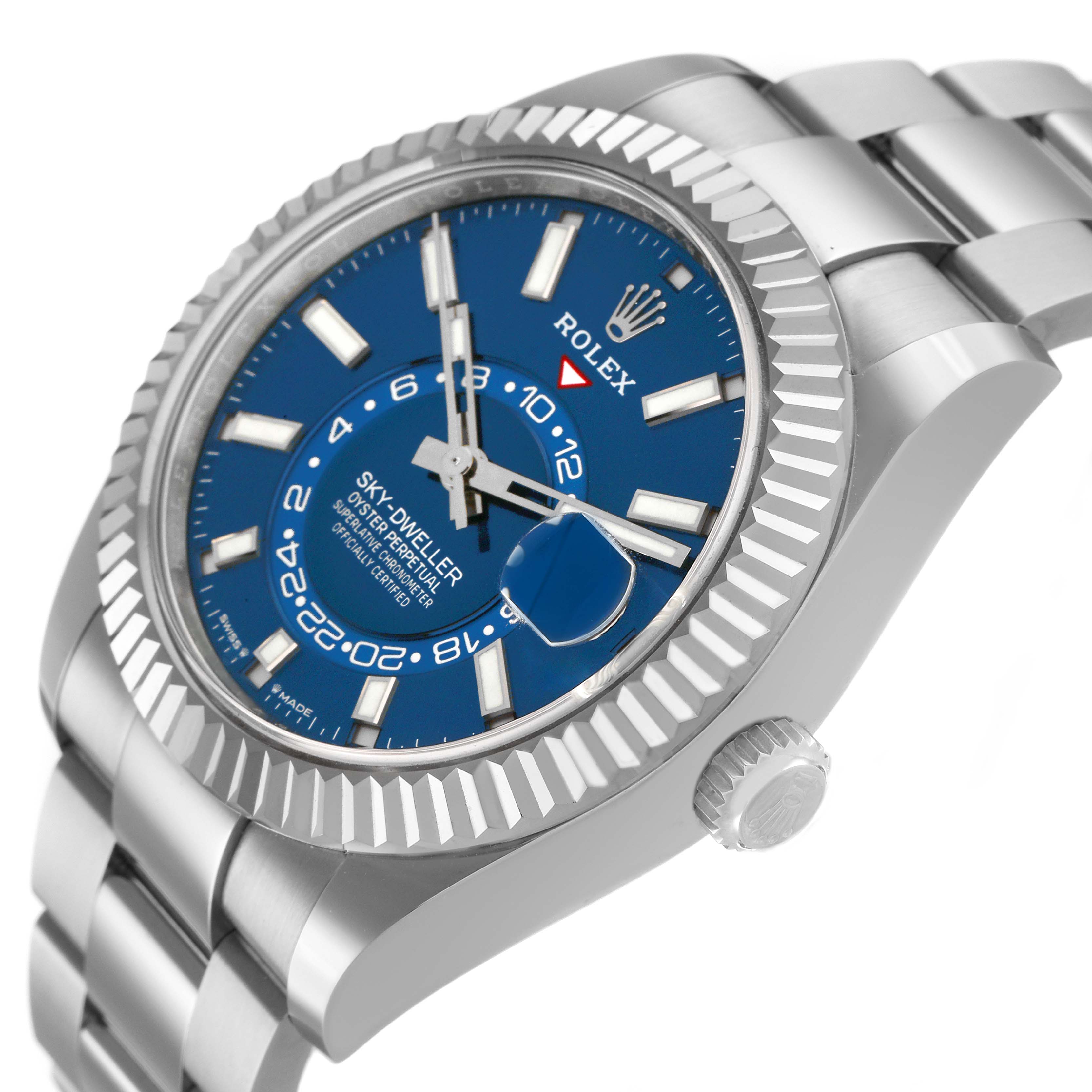 The Rolex Sky-Dweller 336934 Men's Stainless Steel Blue Dial watch is shown at an angle highlighting the face, bezel, crown, and bracelet.