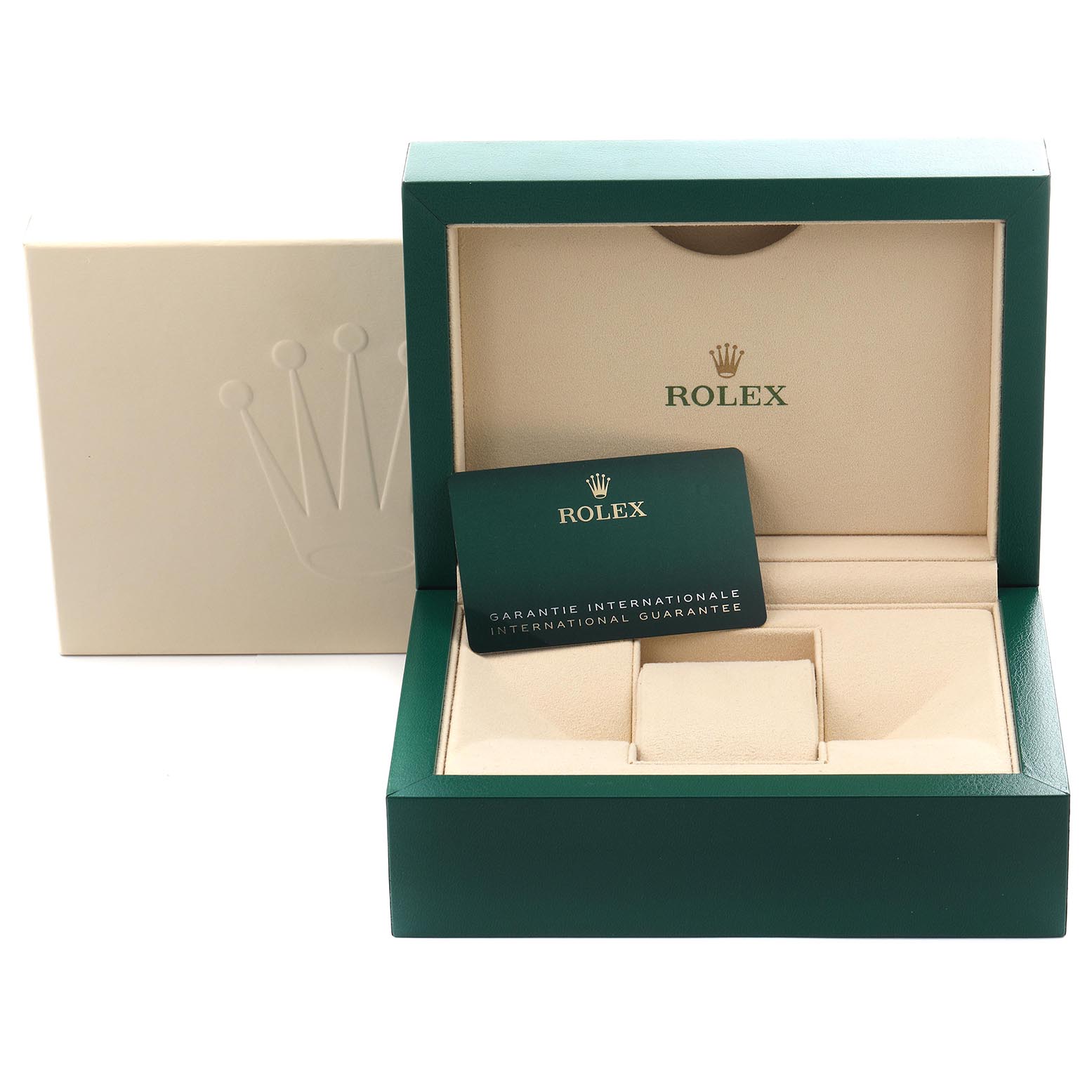 The image shows an open box for a Rolex Sky-Dweller 336934 Men's Stainless Steel Green Dial, containing a warranty card in the foreground.