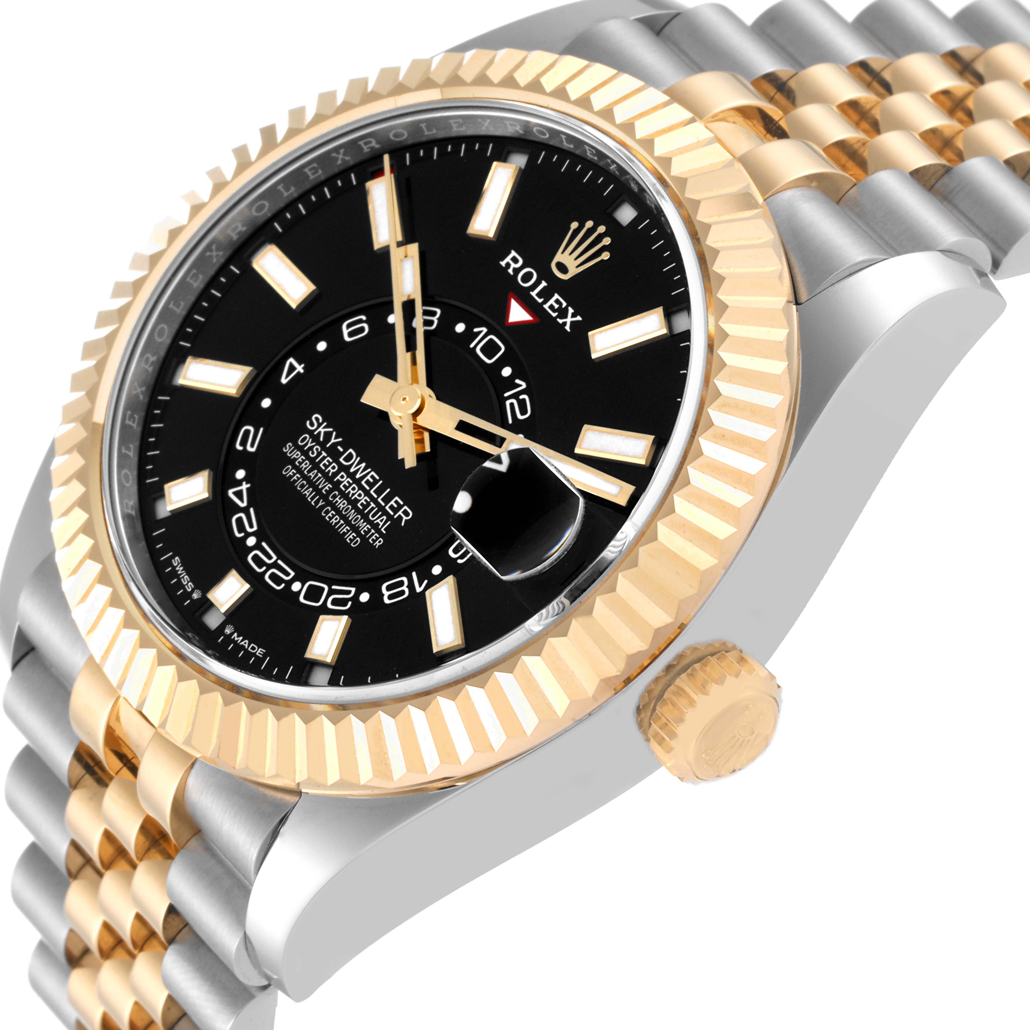 The Rolex Sky-Dweller 336933 Men's Steel and Gold (two tone) Black Dial is shown at a slight side angle, highlighting the bezel, dial, crown, and part of the bracelet.
