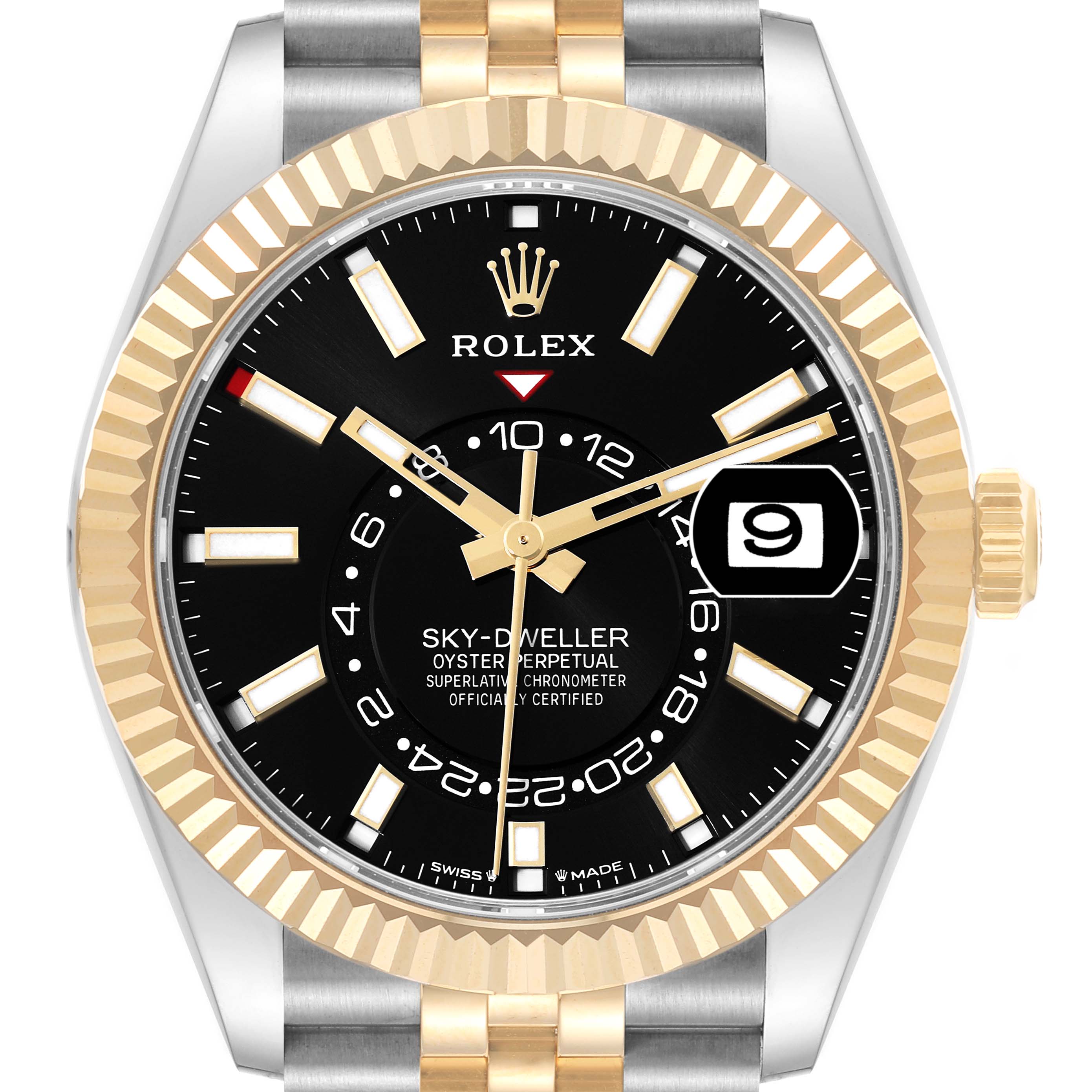 The Rolex Sky-Dweller 336933 Men's Steel and Gold (two tone) Black Dial is shown from a front angle, highlighting its black dial, gold bezel, and two-tone bracelet.