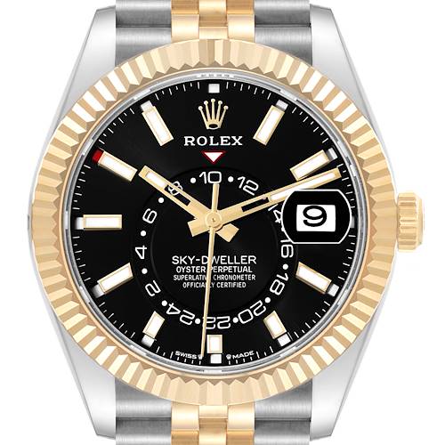 The image shows a front view of a Rolex Sky-Dweller 336933 Men's Steel and Gold (two tone) Black Dial with a two-tone bezel, black dial, and date display.