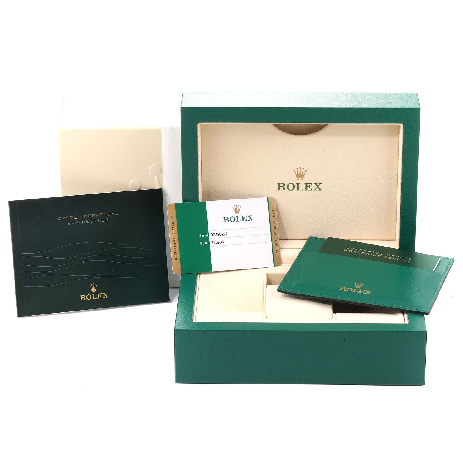 This image shows the packaging, warranty card, manuals, and box for a Rolex Sky-Dweller 326933 Men's Steel and Gold (two tone) White Dial 326933 Men's Steel and Gold (two tone) White Dial watch.