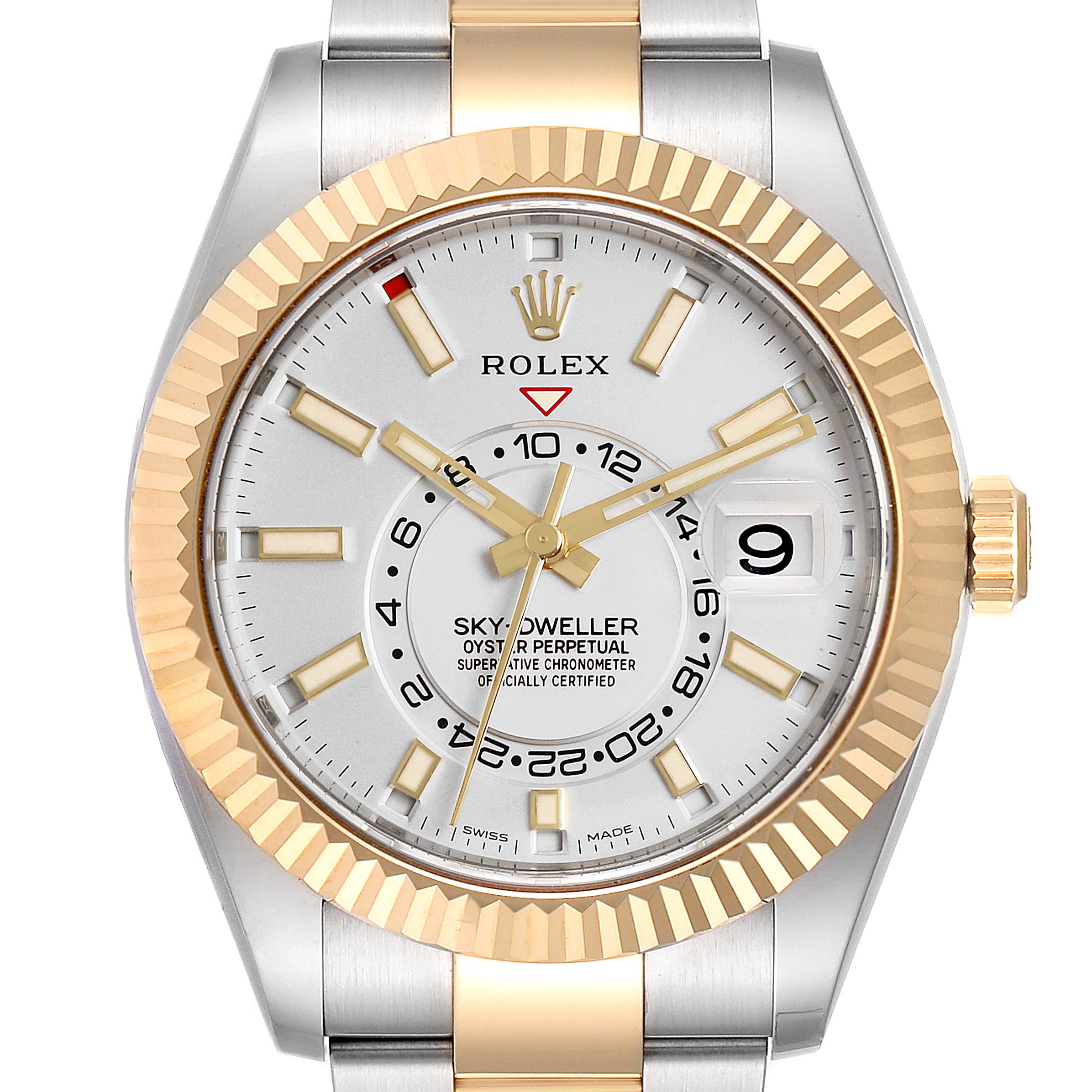 The image shows a front view of the Rolex Sky-Dweller 326933 Men's Steel and Gold (two tone) White Dial 326933 Men's Steel and Gold (two tone) White Dial watch, highlighting its dial, bezel, and part of the bracelet.