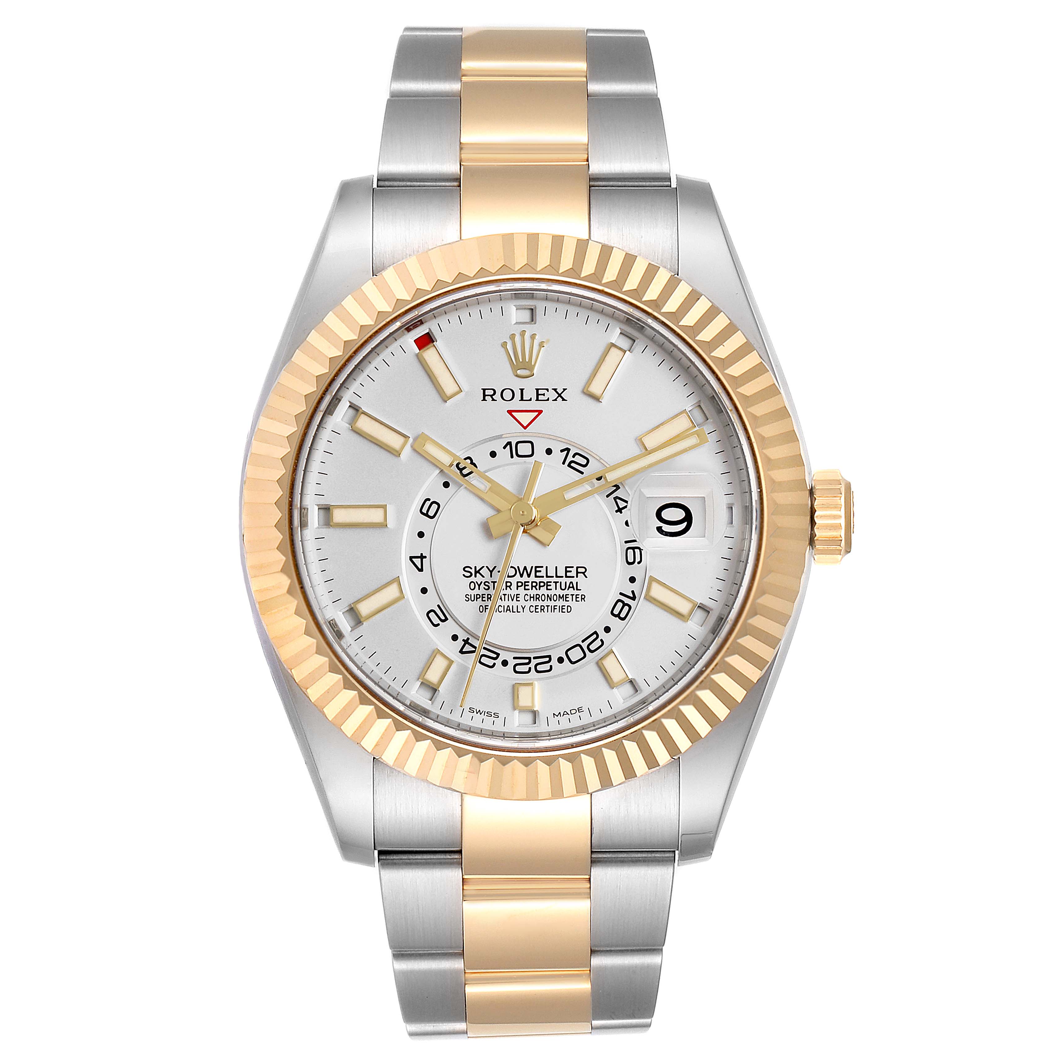 The image shows a front view of the Rolex Sky-Dweller 326933 Men's Steel and Gold (two tone) White Dial 326933 Men's Steel and Gold (two tone) White Dial, highlighting its dial, bezel, and bracelet.
