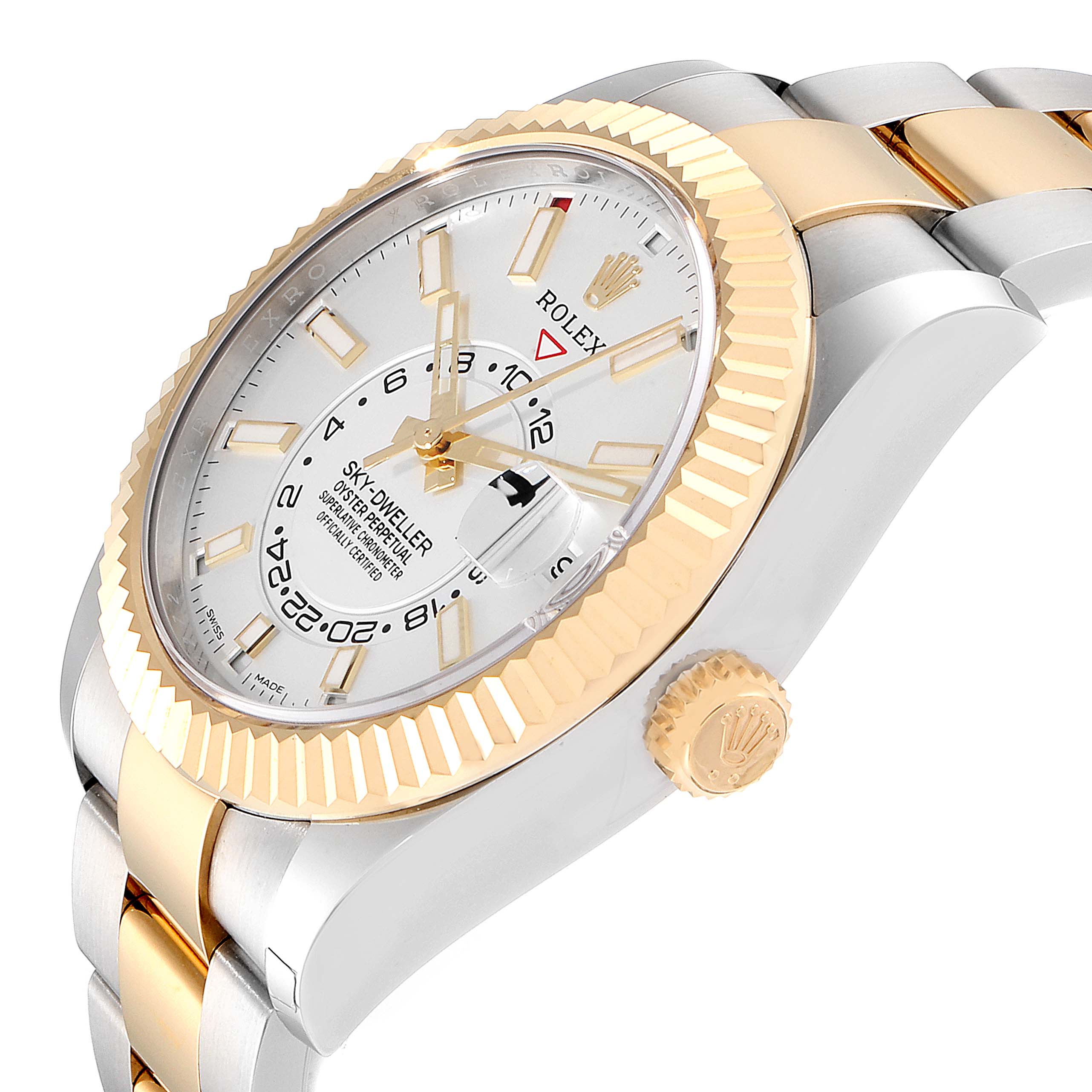 The image shows a Rolex Sky-Dweller 326933 Men's Steel and Gold (two tone) White Dial 326933 Men's Steel and Gold (two tone) White Dial watch at an angle highlighting the dial, bezel, crown, and bracelet.