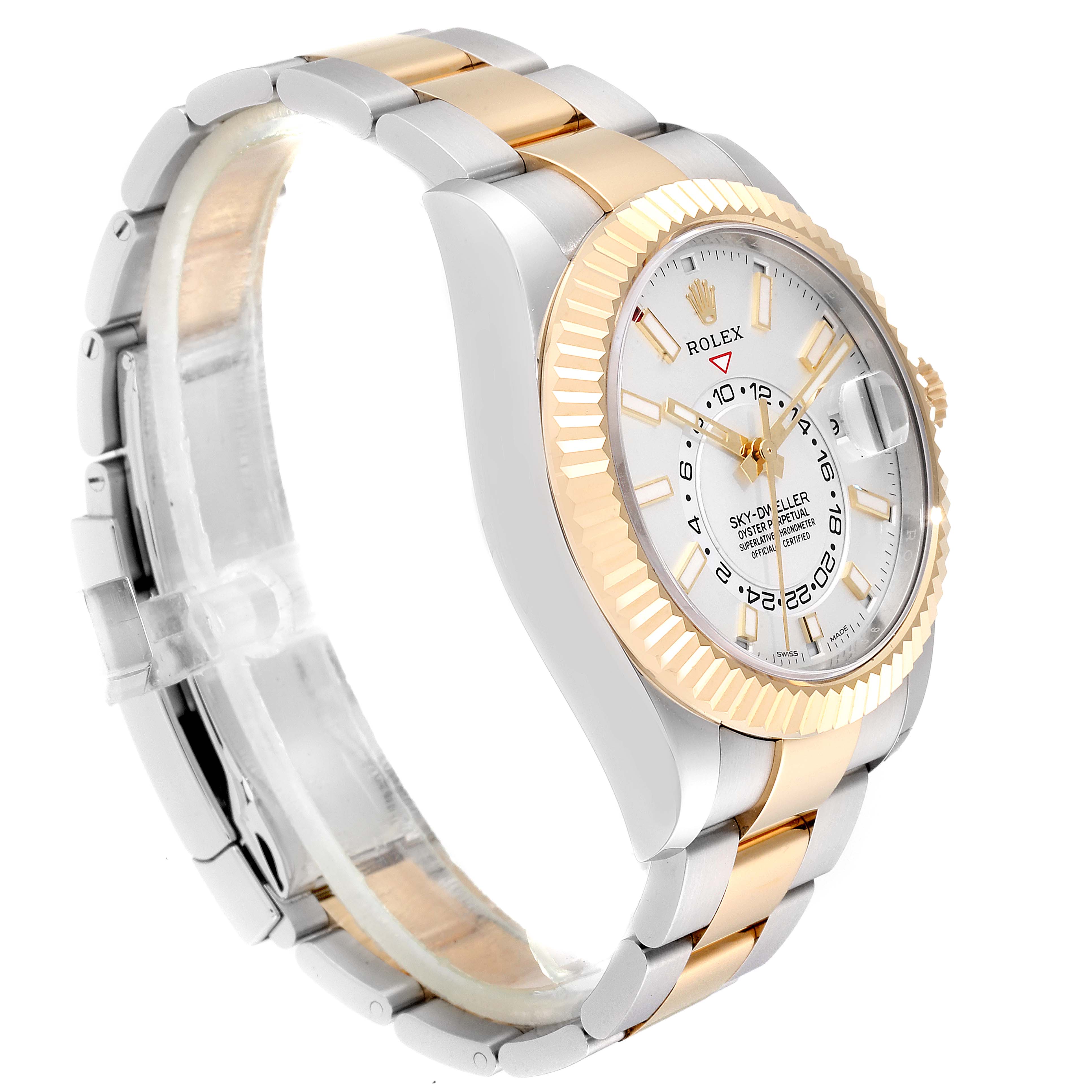 The Rolex Sky-Dweller 326933 Men's Steel and Gold (two tone) White Dial 326933 Men's Steel and Gold (two tone) White Dial watch is shown at a slight angle highlighting the gold and silver bracelet, fluted bezel, and dial.