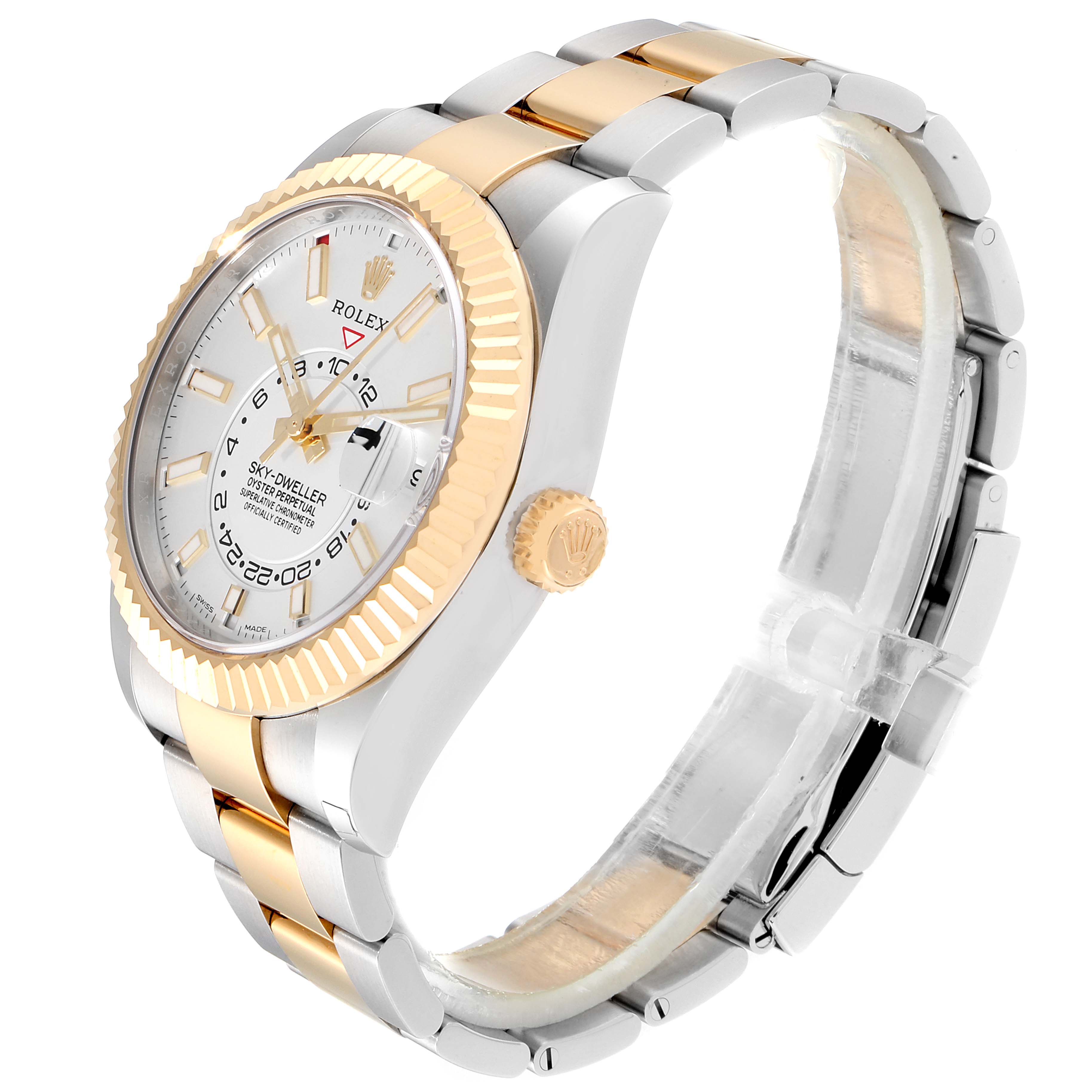 The Rolex Sky-Dweller 326933 Men's Steel and Gold (two tone) White Dial 326933 Men's Steel and Gold (two tone) White Dial watch is shown at an angled side view, revealing its face, crown, and two-tone bracelet.