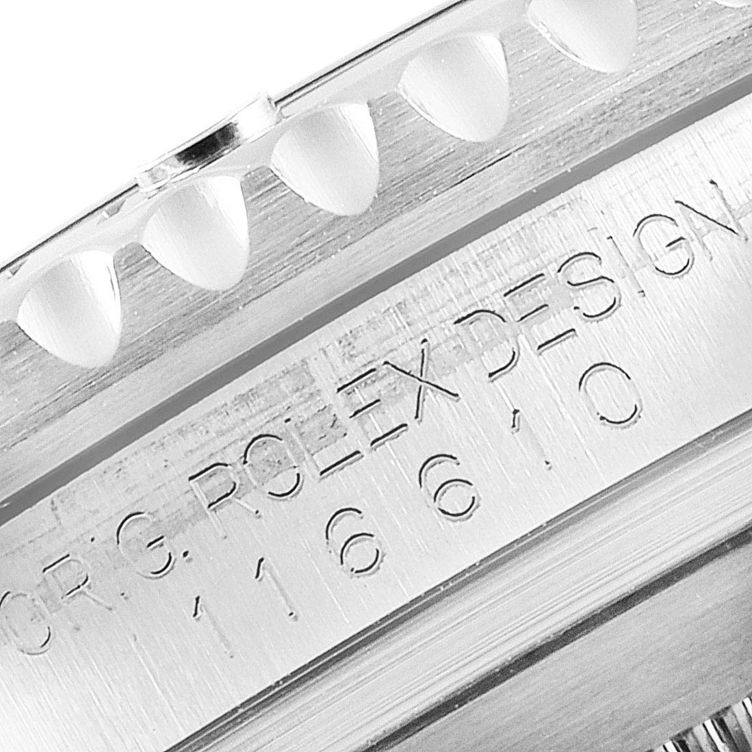 This close-up image shows the side view of the bezel and engraved model number of the Rolex Submariner 116610 Men
s Stainless Steel Black Dial 116610 Men
s Stainless Steel Black Dial.