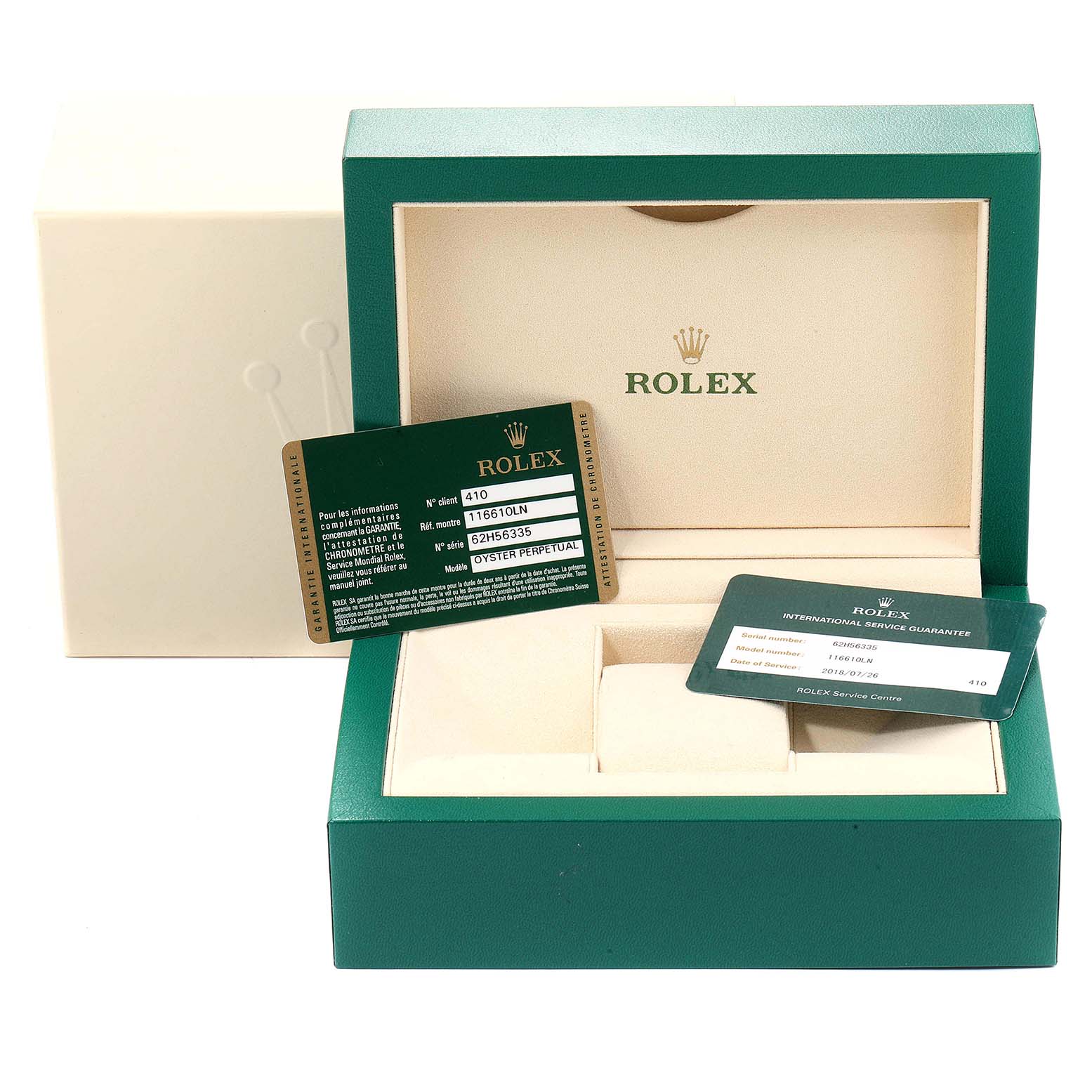 The image shows the packaging, interior case, and warranty cards for the Rolex Submariner 116610 Men
s Stainless Steel Black Dial 116610 Men
s Stainless Steel Black Dial.