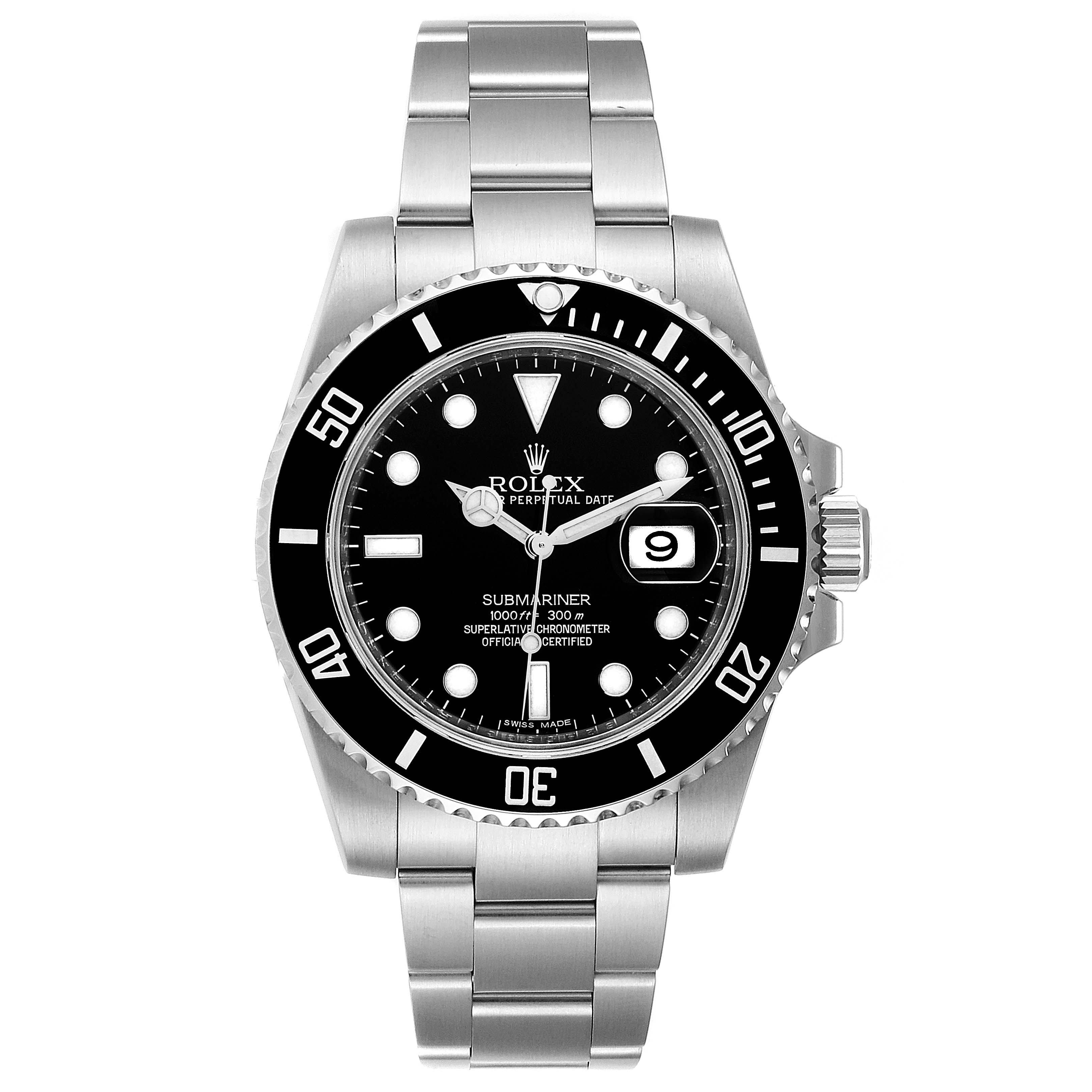 The image shows a Rolex Submariner 116610 Men
s Stainless Steel Black Dial 116610 Men
s Stainless Steel Black Dial watch from a front-facing angle, displaying its dial, bezel, and bracelet.