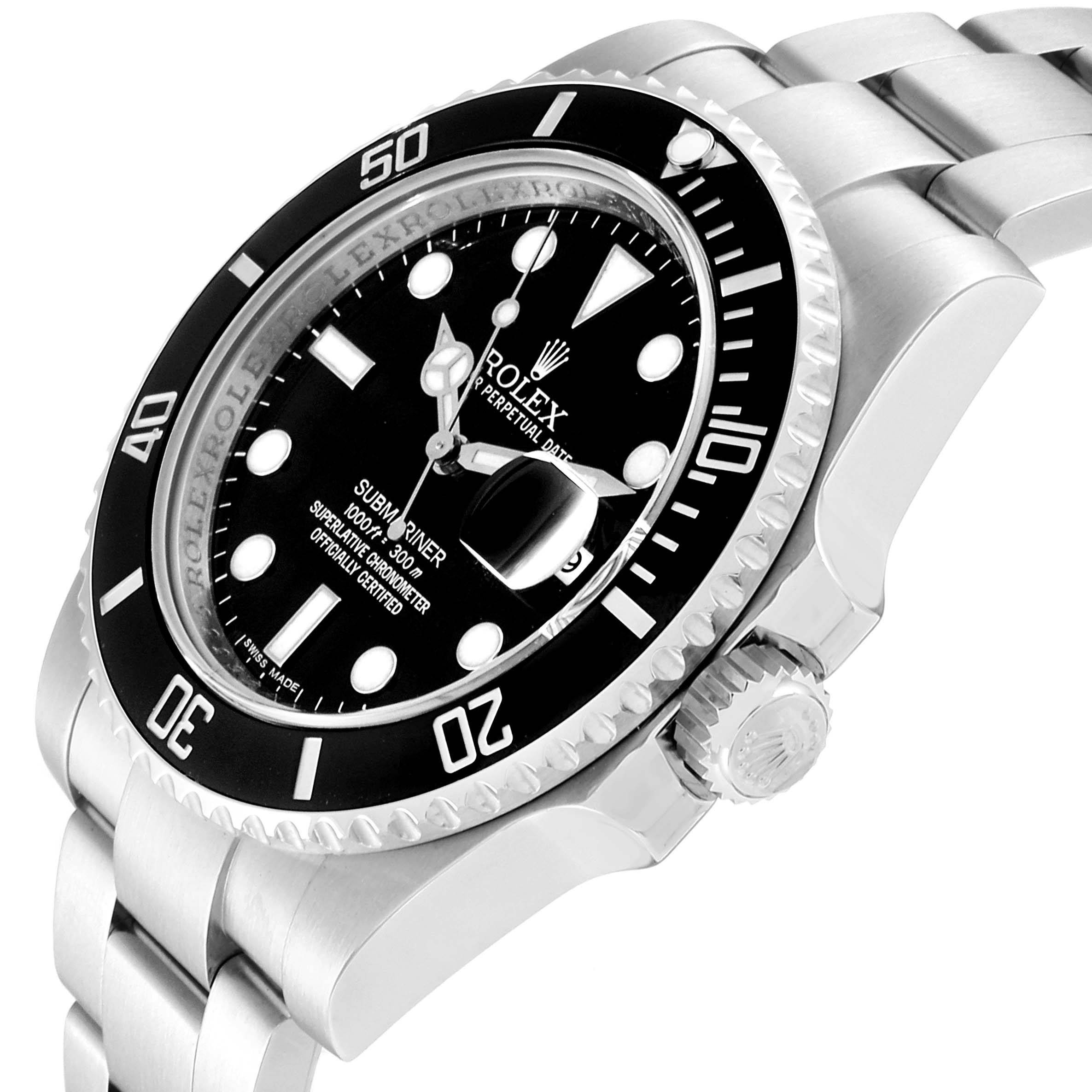 This image shows a close-up, angled view of the dial, bezel, and bracelet of the Rolex Submariner 116610 Men
s Stainless Steel Black Dial 116610 Men
s Stainless Steel Black Dial watch.